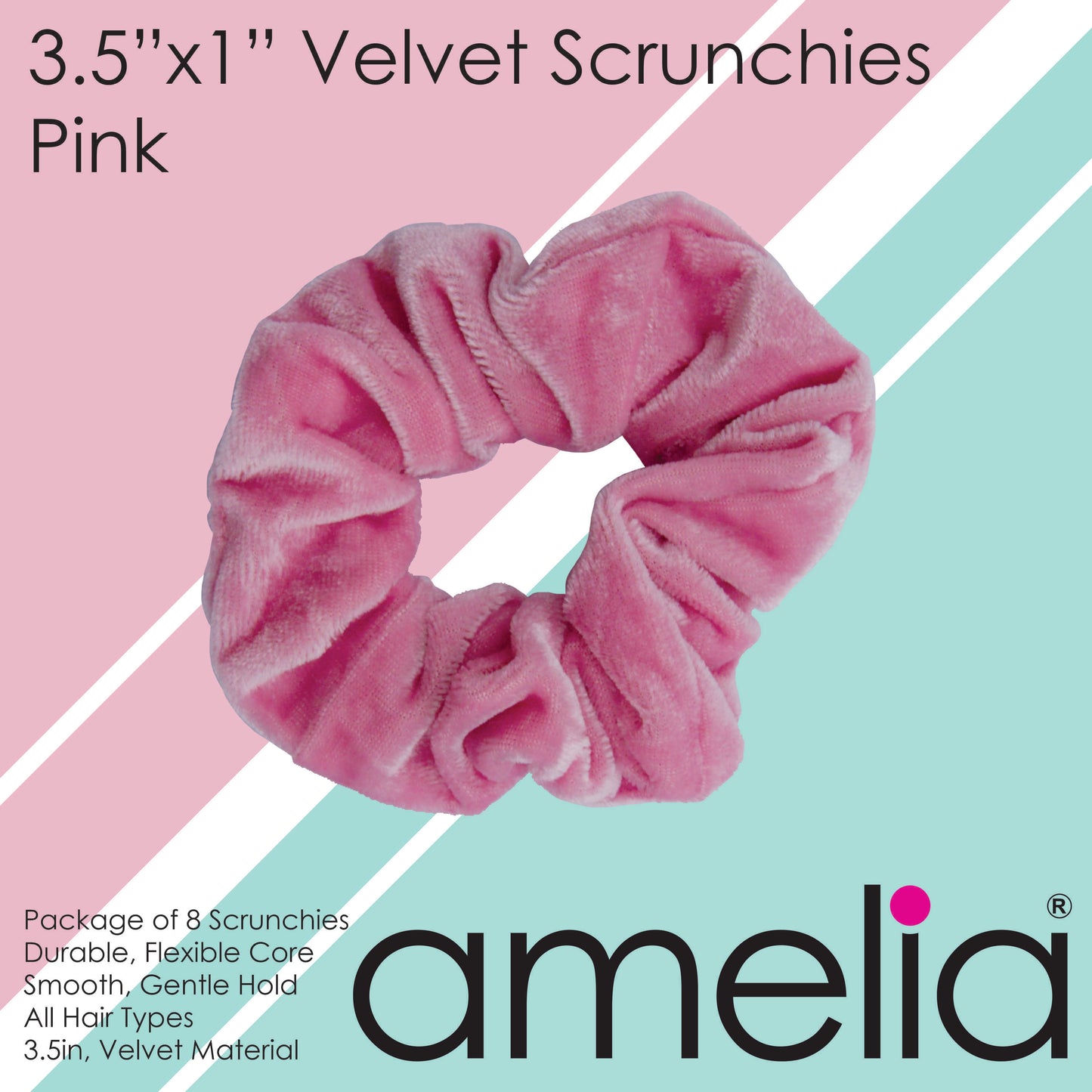 Amelia Beauty, Pink Velvet Scrunchies, 3.5in Diameter, Gentle on Hair, Strong Hold, No Snag, No Dents or Creases. 8 Pack