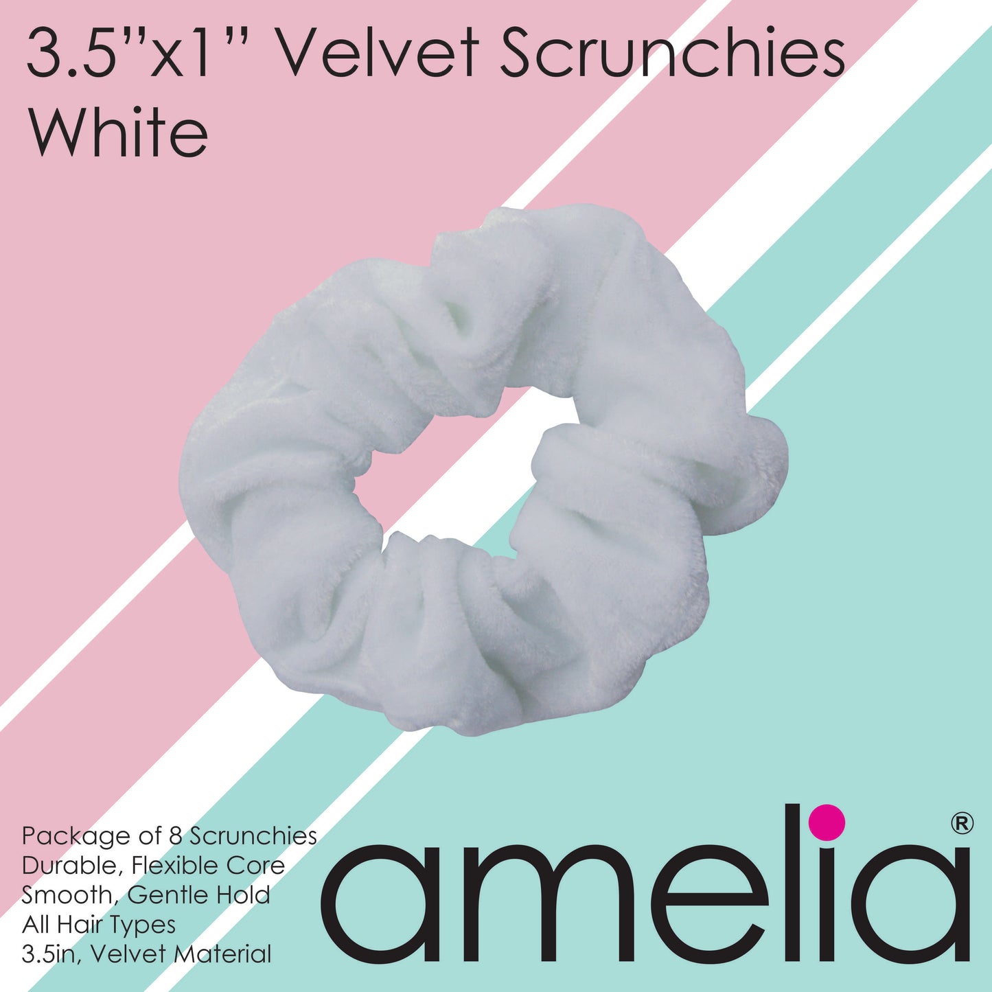 Amelia Beauty, White Velvet Scrunchies, 3.5in Diameter, Gentle on Hair, Strong Hold, No Snag, No Dents or Creases. 8 Pack