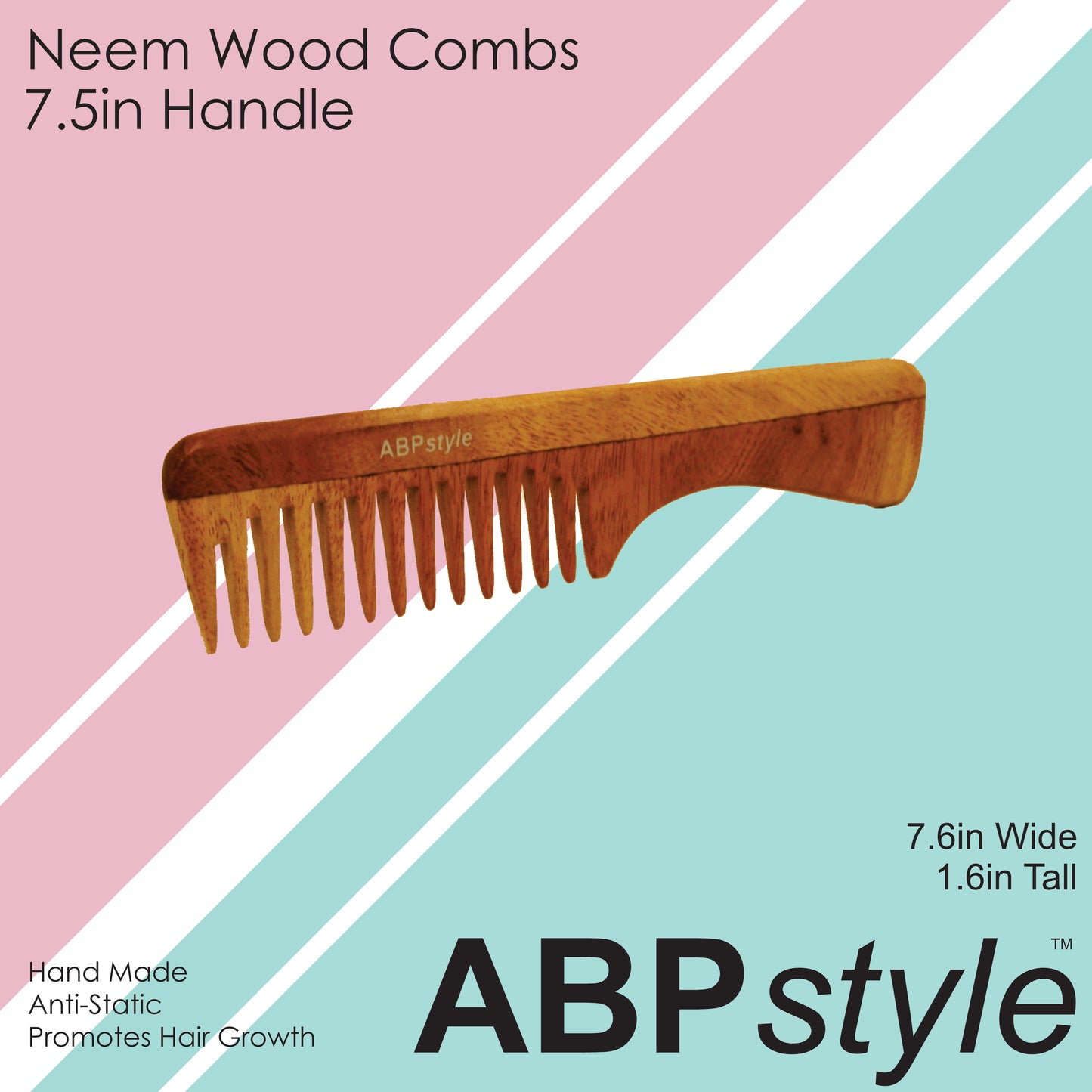 ABPStyle, 7in Neem Wood Handle Comb. Anti-Static, Damage Free, Promotes Hair Growth, Environmentally Friendly