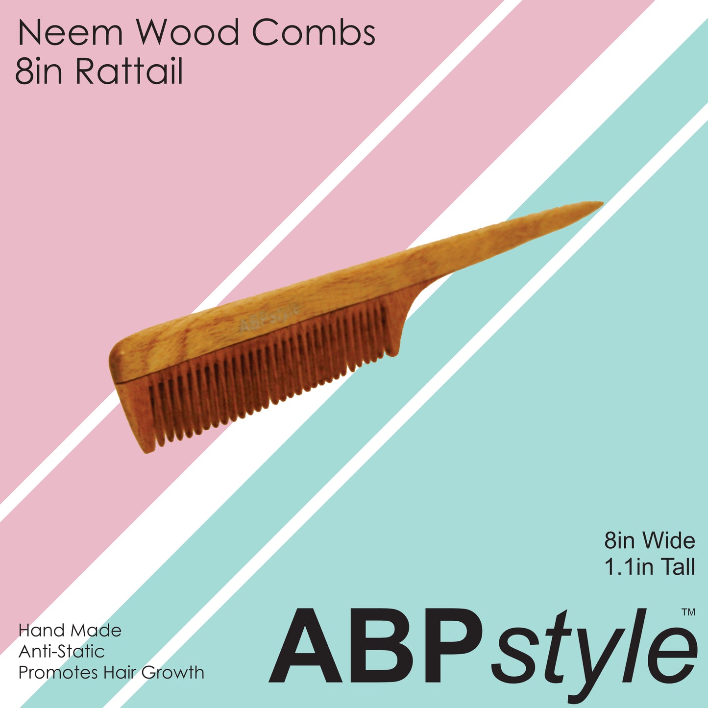 ABPStyle, 8in Neem Wood Rattail Comb. Anti-Static, Damage Free, Promotes Hair Growth, Environmentally Friendly