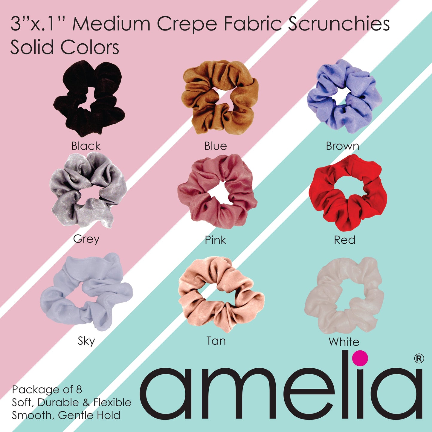 Amelia Beauty | 3in Pink Crepe Scrunchies | Soft, Gentle and Strong Hold | No Snag, No Dents or Creases | 8 Pack