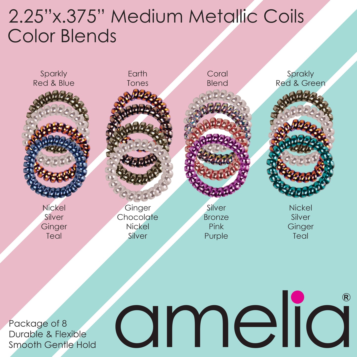 Amelia Beauty Products 8 Medium Smooth Elastic Hair Coils, 2.25in Diameter Spiral Hair Ties, Gentle on Hair, Strong Hold and Minimizes Dents and Creases, Sparkly Red and Blue Mix