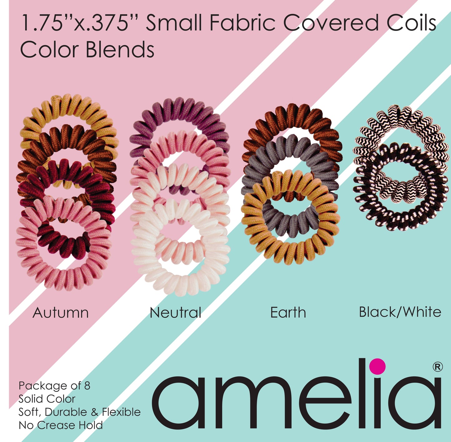 Amelia Beauty, 8 Small Fabric Wrapped Elastic Hair Coils, 1.75in Diameter Spiral Hair Ties, Gentle on Hair, Strong Hold and Minimizes Dents and Creases, Pink