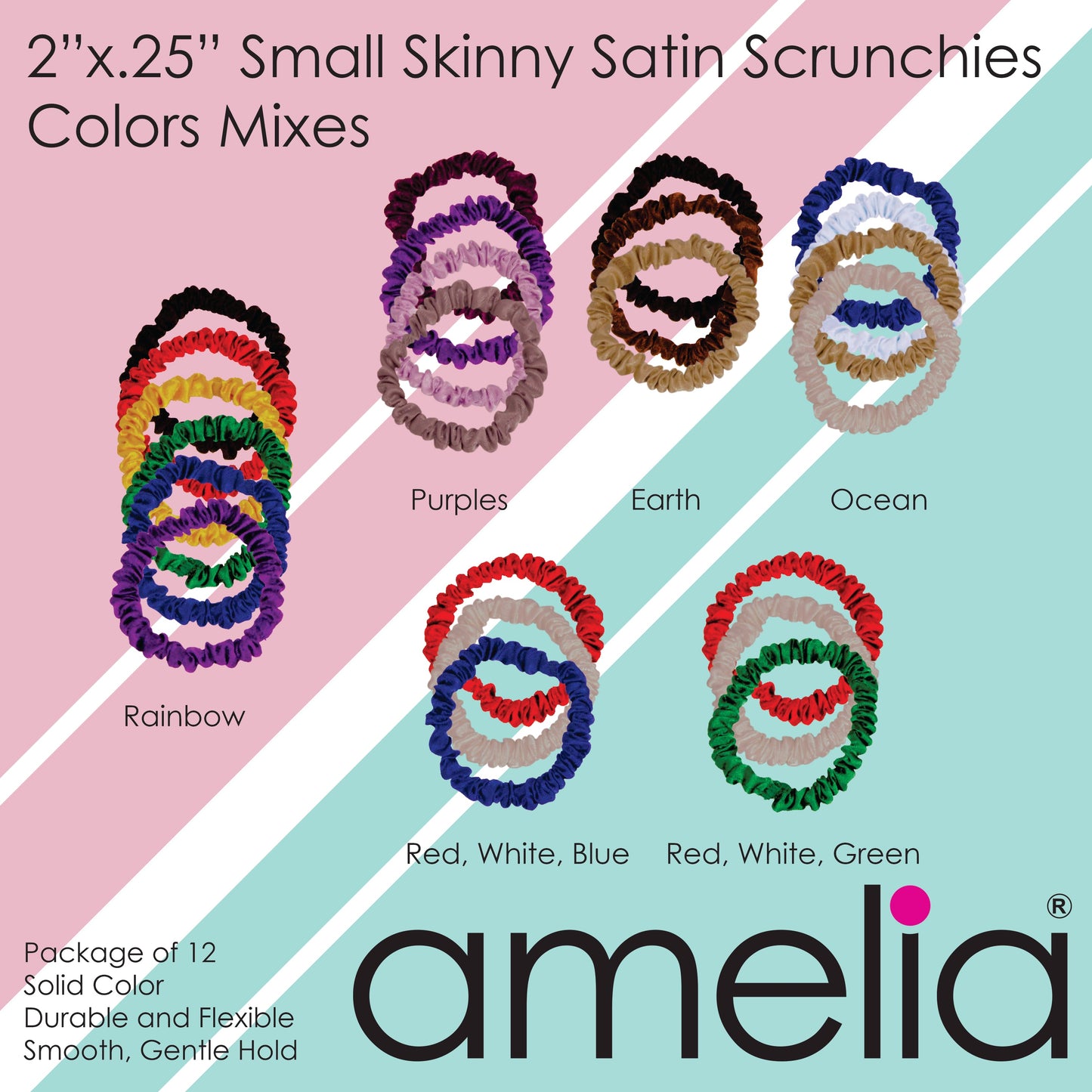 Amelia Beauty, Purple Skinny Satin Scrunchies, 2in Diameter, Gentle and Strong Hold, No Snag, No Dents or Creases. 12 Pack