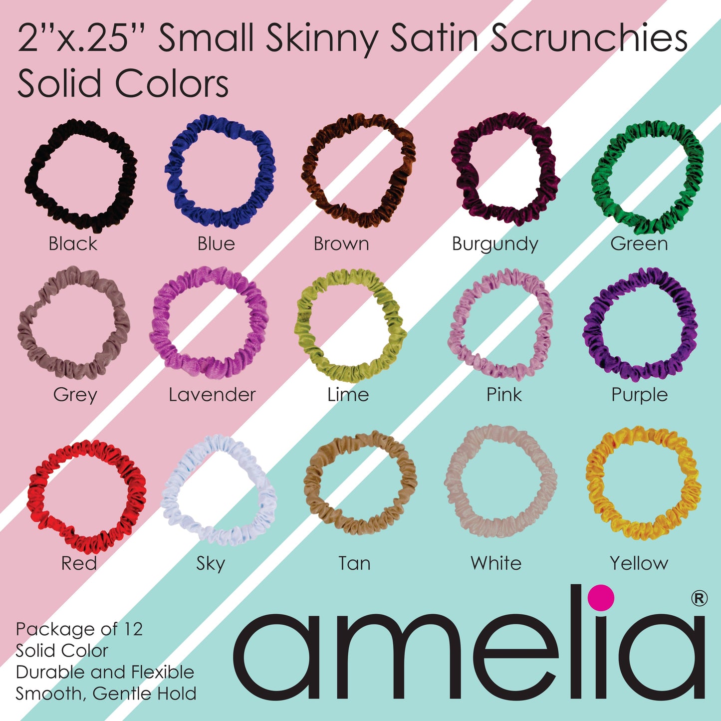 Amelia Beauty, Purple Skinny Satin Scrunchies, 2in Diameter, Gentle and Strong Hold, No Snag, No Dents or Creases. 12 Pack