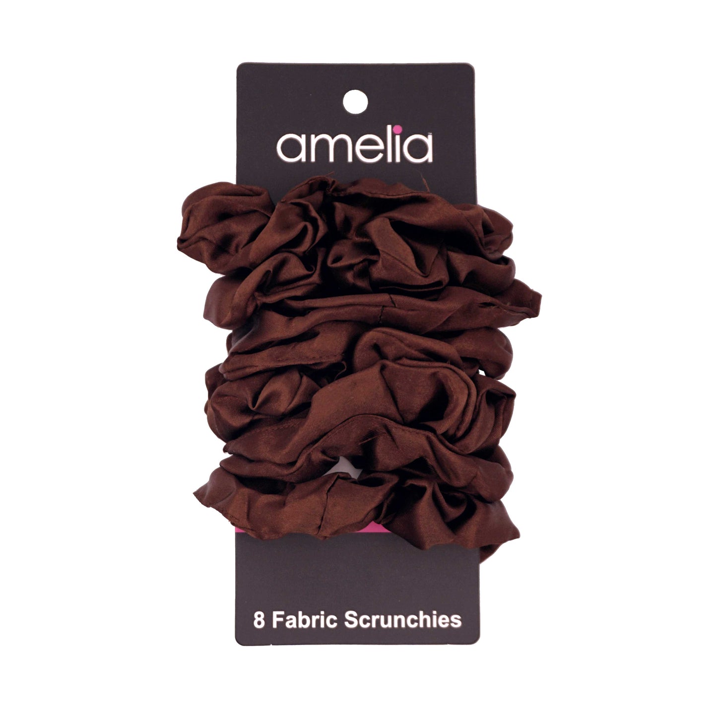 Amelia Beauty Products, Brown Satin Scrunchies, 3.5in Diameter, Gentle on Hair, Strong Hold, No Snag, No Dents or Creases. 8 Pack