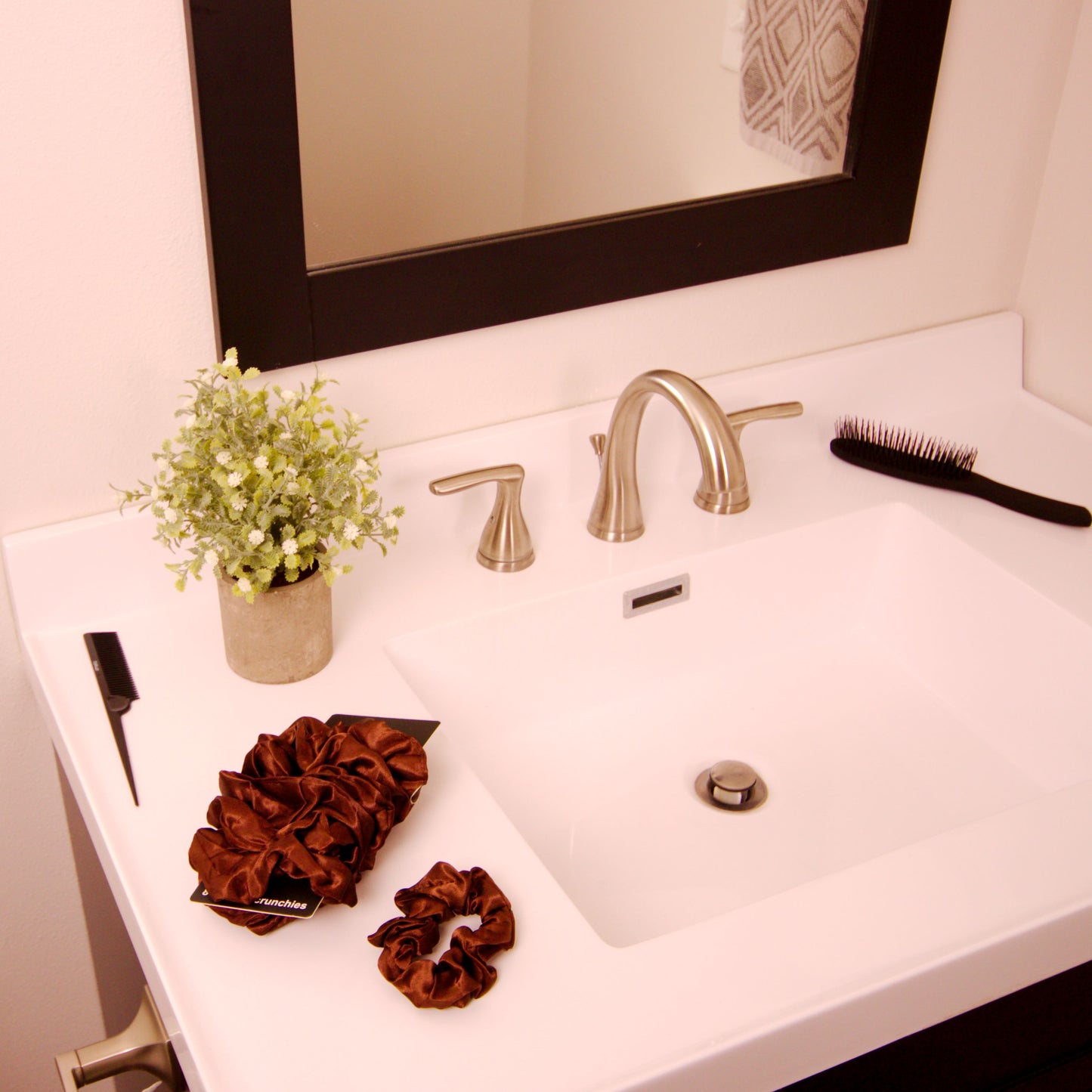 Amelia Beauty Products, Brown Satin Scrunchies, 3.5in Diameter, Gentle on Hair, Strong Hold, No Snag, No Dents or Creases. 8 Pack