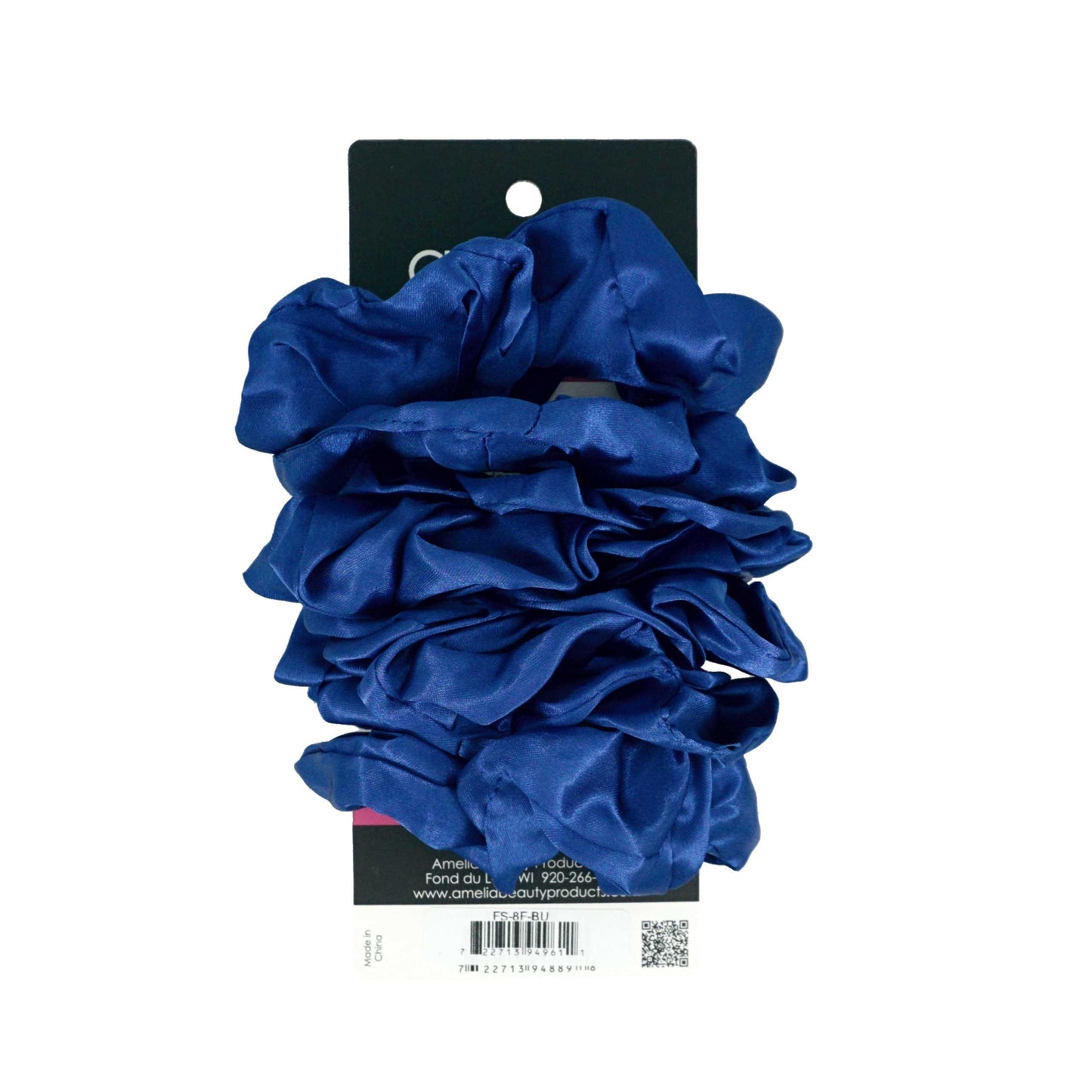 Amelia Beauty Products, Blue Satin Scrunchies, 3.5in Diameter, Gentle on Hair, Strong Hold, No Snag, No Dents or Creases. 8 Pack