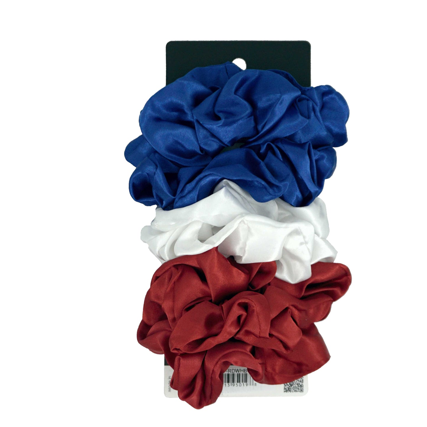 Amelia Beauty Products, Red, White and Blue Satin Scrunchies, 3.5in Diameter, Gentle on Hair, Strong Hold, No Snag, No Dents or Creases. 8 Pack