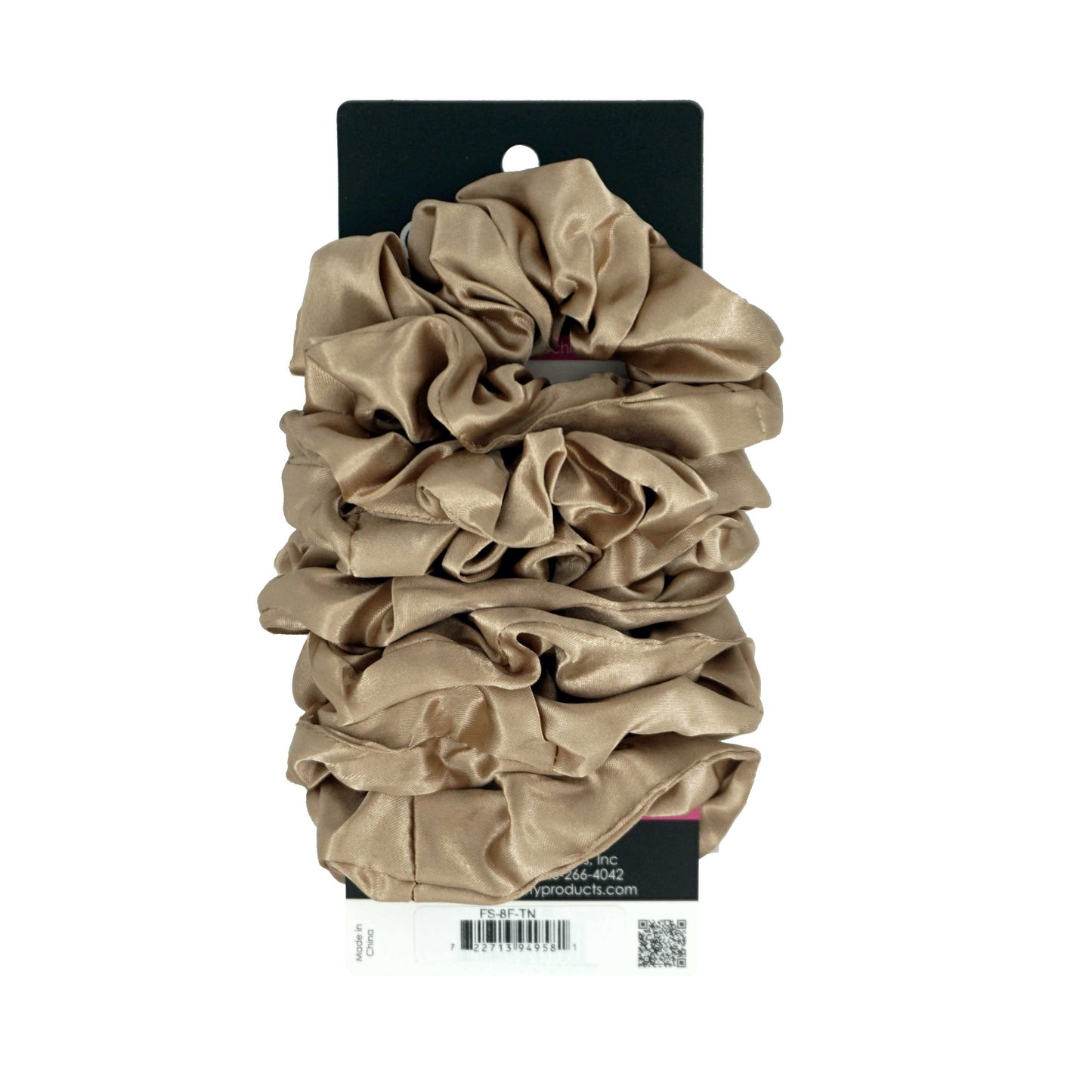 Amelia Beauty Products, Tan Satin Scrunchies, 3.5in Diameter, Gentle on Hair, Strong Hold, No Snag, No Dents or Creases. 8 Pack
