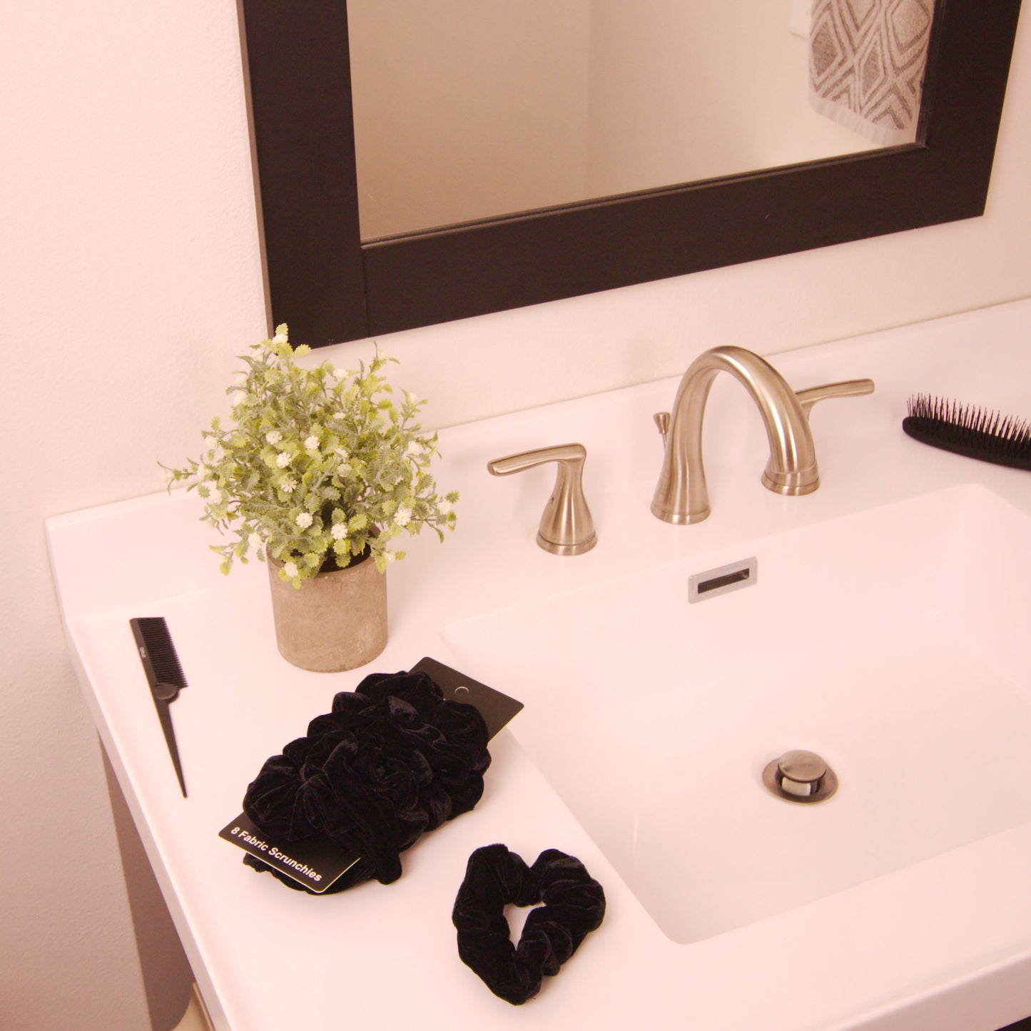 Amelia Beauty, Black Velvet Scrunchies, 3.5in Diameter, Gentle on Hair, Strong Hold, No Snag, No Dents or Creases. 8 Pack