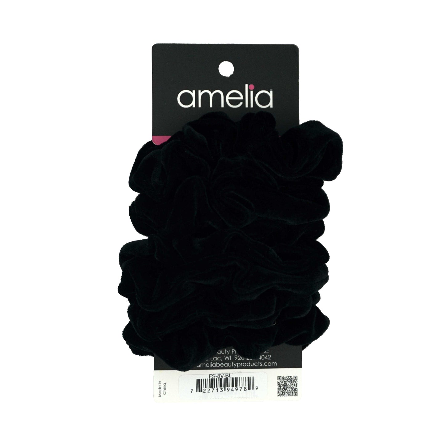 Amelia Beauty Products, Black Satin Scrunchies, 3.5in Diameter, Gentle on Hair, Strong Hold, No Snag, No Dents or Creases. 8 Pack