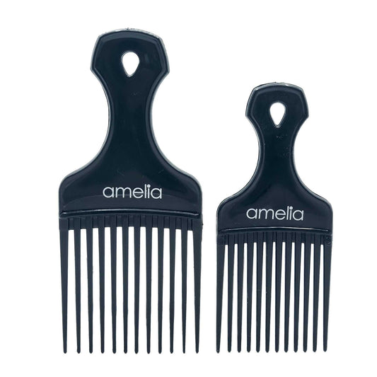 Amelia Beauty, 6in and 7in Curly Hair Wide Tooth Pick, Made in USA, Professional Grade Hair Pick Creates Volume, Detangles, Portable Salon Barber Shop Black Afro Pick Comb Hair Styling Tool, 2 Pack