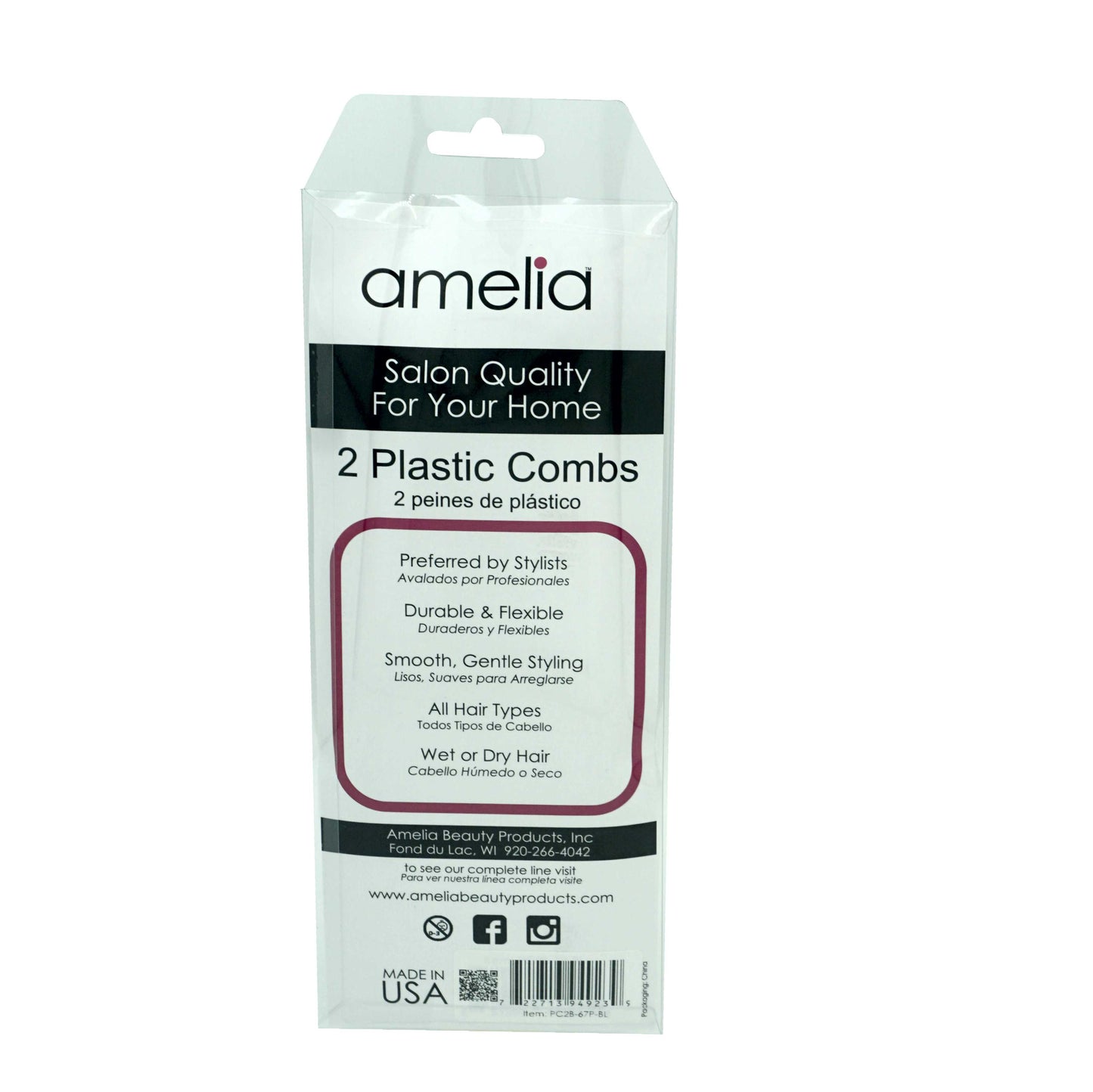 Amelia Beauty, 6in and 7in Curly Hair Wide Tooth Pick, Made in USA, Professional Grade Hair Pick Creates Volume, Detangles, Portable Salon Barber Shop Black Afro Pick Comb Hair Styling Tool, 2 Pack