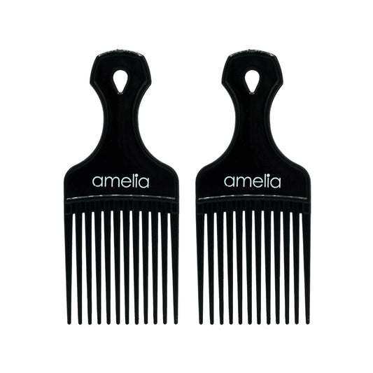 Amelia Beauty, 6in Black Curly Hair Wide Tooth Pick, Made in USA, Professional Grade Hair Pick Create Volume, Detangle, Portable Salon Barber Shop Afro Pick Comb Hair Styling Tool, 6"x2.5", 2 Pack