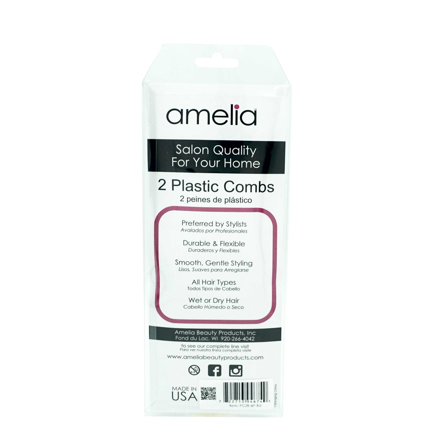 Amelia Beauty, 6in Sky Blue Curly Hair Wide Tooth Pick, Made in USA, Professional Grade Hair Pick Create Volume, Detangle, Portable Salon Barber Shop Afro Pick Comb Hair Styling Tool, 6"x2.5", 2 Pack