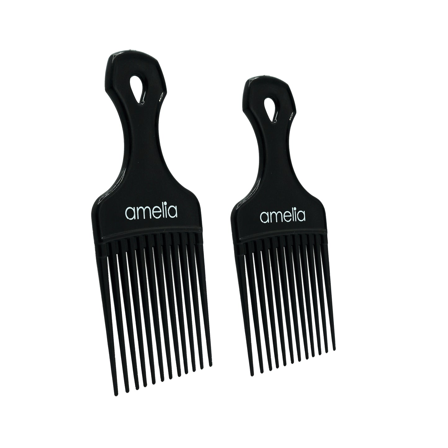 Amelia Beauty, 6in and 7in Curly Hair Wide Tooth Pick, Made in USA, Professional Grade Hair Pick Creates Volume, Detangles, Portable Salon Barber Shop Black Afro Pick Comb Hair Styling Tool, 2 Pack