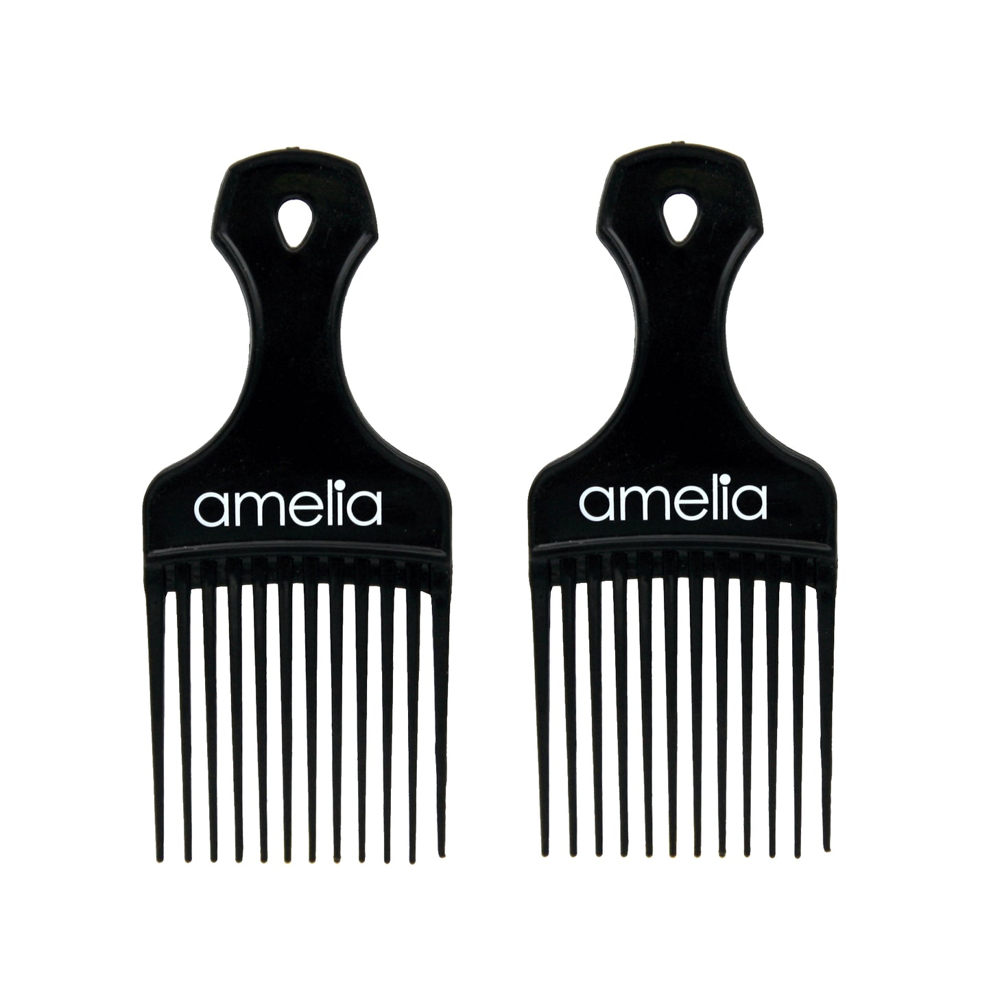 Amelia Beauty, 7in Black Curly Hair Wide Tooth Pick, Made in USA, Professional Grade Hair Pick Creates Volume, Detangles, Portable Salon Barber Shop Afro Pick Comb Hair Styling Tool, 7"x3", 2 Pack
