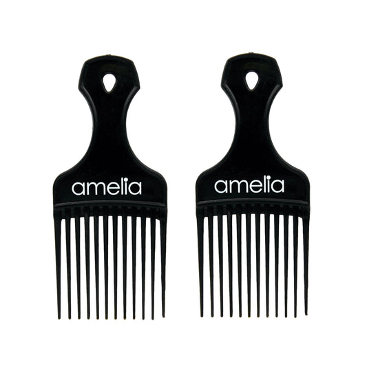 Amelia Beauty, 7in Black Curly Hair Wide Tooth Pick, Made in USA, Professional Grade Hair Pick Creates Volume, Detangles, Portable Salon Barber Shop Afro Pick Comb Hair Styling Tool, 7"x3", 2 Pack
