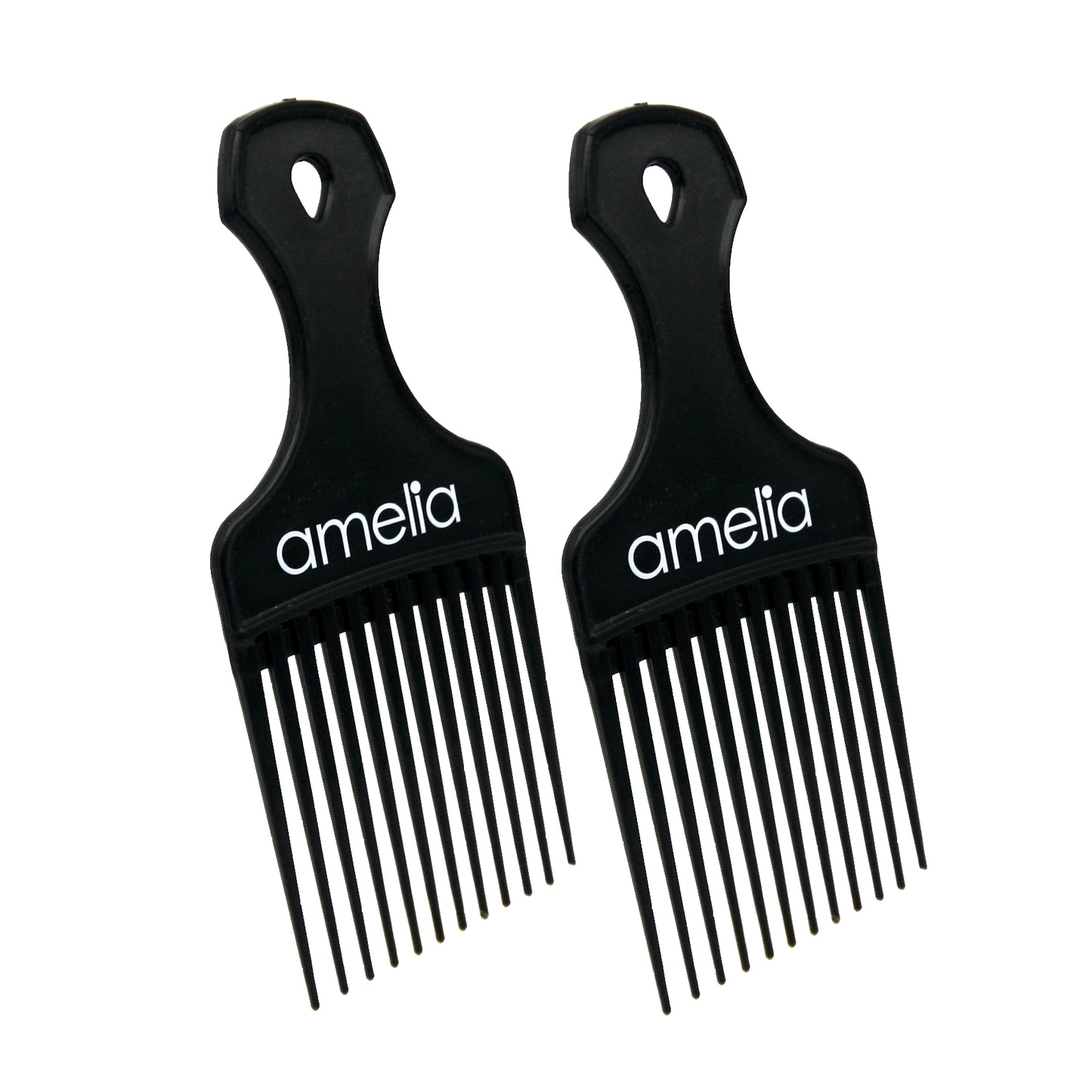 Amelia Beauty, 7in Black Curly Hair Wide Tooth Pick, Made in USA, Professional Grade Hair Pick Creates Volume, Detangles, Portable Salon Barber Shop Afro Pick Comb Hair Styling Tool, 7"x3", 2 Pack