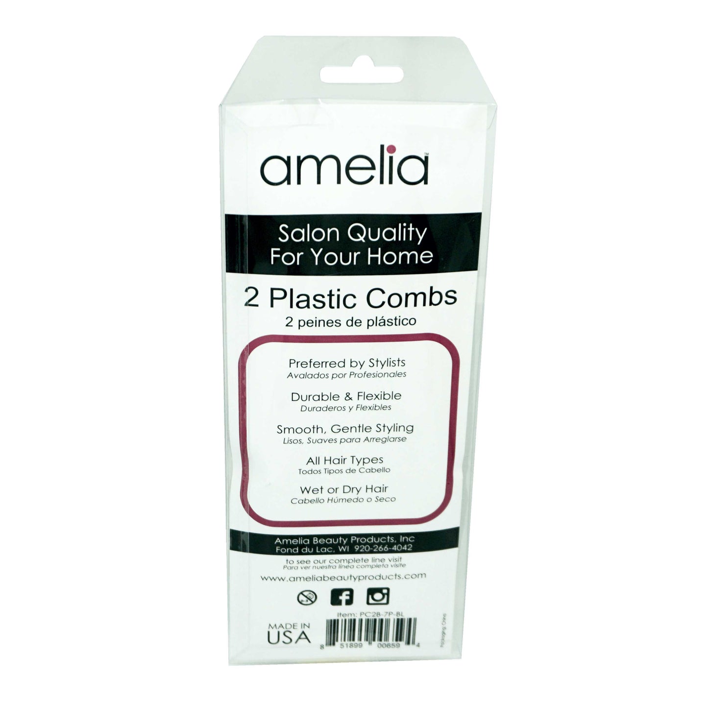 Amelia Beauty, 7in Black Curly Hair Wide Tooth Pick, Made in USA, Professional Grade Hair Pick Creates Volume, Detangles, Portable Salon Barber Shop Afro Pick Comb Hair Styling Tool, 7"x3", 2 Pack