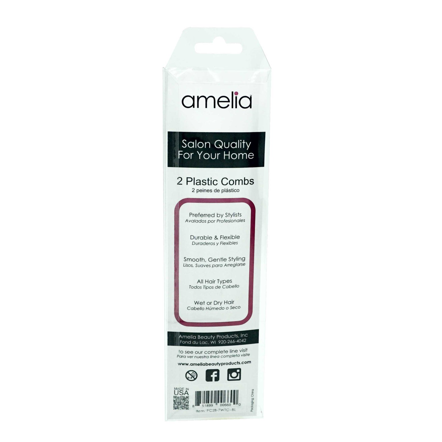 Amelia Beauty, 7in Black Plastic Wide Tooth Tease Comb, Made in USA, Professional Grade Pocket Hair Comb, Wet, Tangled Hair, Flip to Lift, Tease, Everyday Styling Cutting Hair Styling Tool, 2 Pack