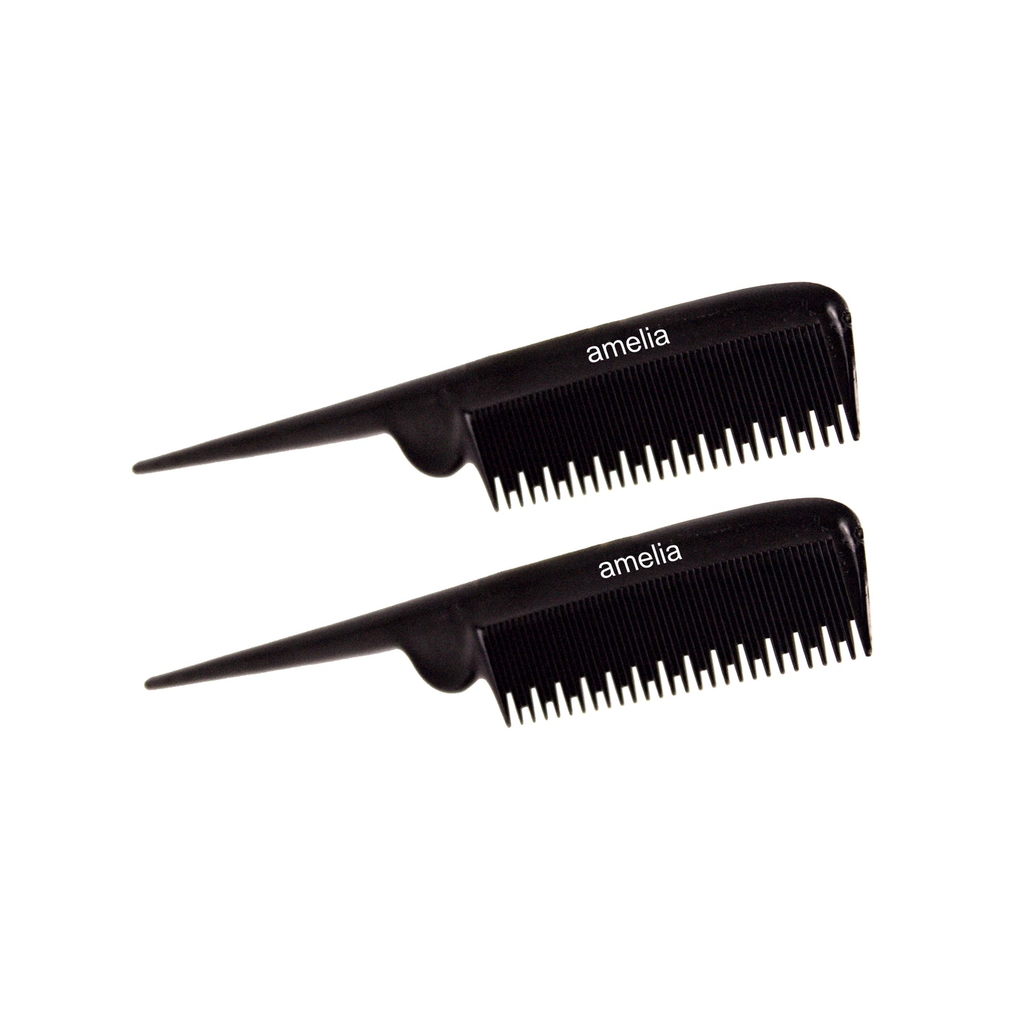 Amelia Beauty, 8.5in Black Plastic Pin Rat Tail Tease Comb, Made in USA, Professional Grade Hair Comb, Highlighting, Sectioning, Styling, Teasing Hair with Long Tail Tip, Wet or Dry, 8.5"x1", 2 Pack