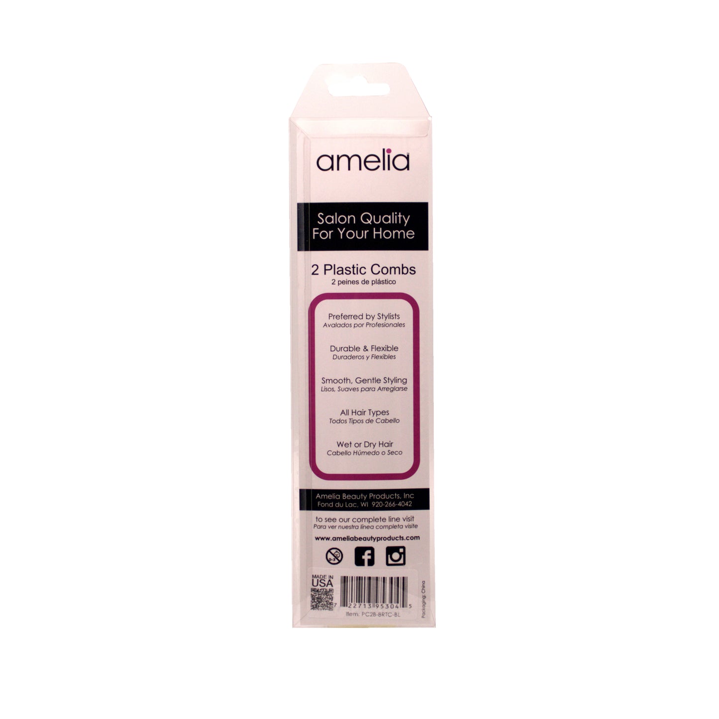 Amelia Beauty, 8.5in Black Plastic Pin Rat Tail Tease Comb, Made in USA, Professional Grade Hair Comb, Highlighting, Sectioning, Styling, Teasing Hair with Long Tail Tip, Wet or Dry, 8.5"x1", 2 Pack