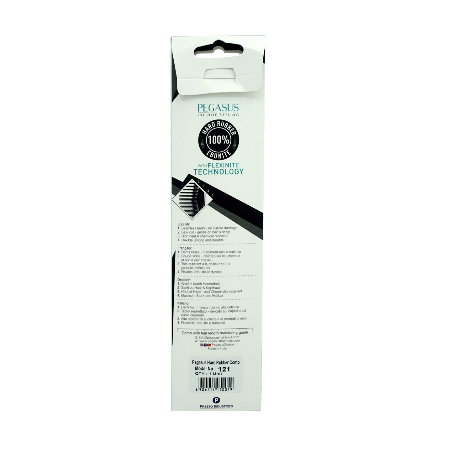Pegasus 121, 8in Hard Rubber Course Tooth Rat Tail Comb, Handmade, Seamless, Smooth Edges, Anti Static, Heat and Chemically Resistant, Great for Parting, Coloring Hair | Peines de goma dura - Black