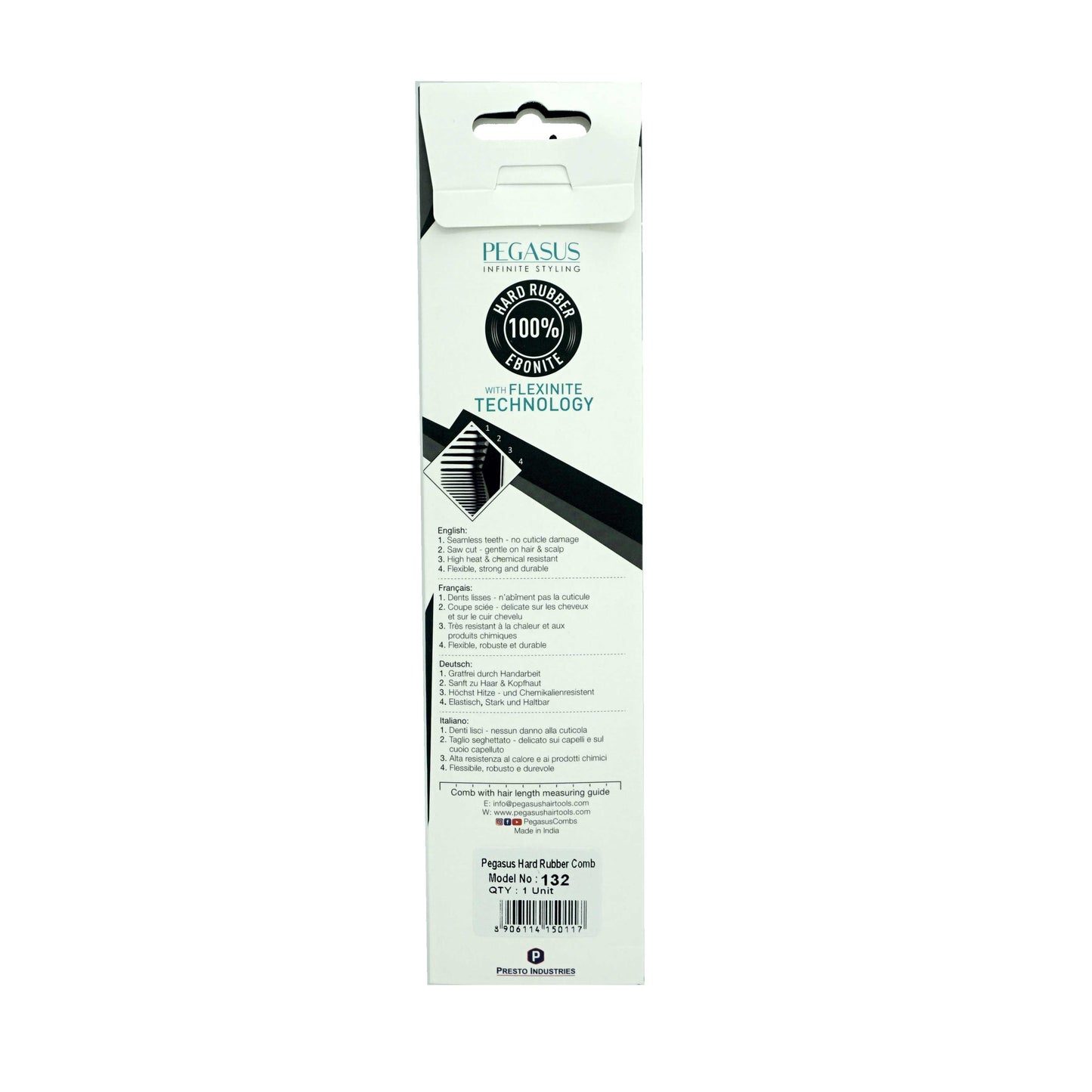 Pegasus 132, 8.5in Hard Rubber Course Tooth Rat Tail Comb with Sectioning, Smooth Edges, Anti Static, Heat and Chemically Resistant, Great for Parting, Coloring Hair | Peines de goma dura - Black