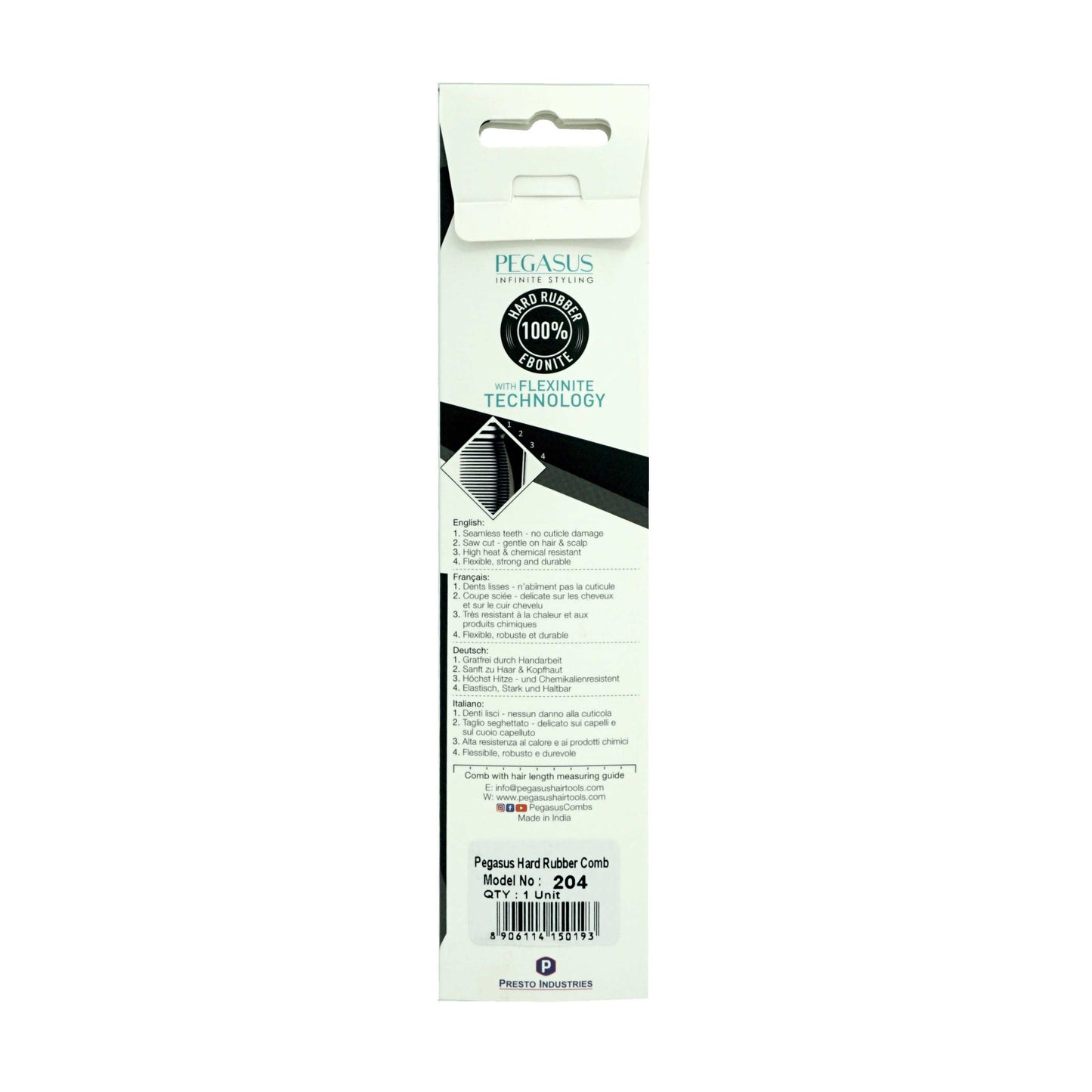 Pegasus 204, 7in Hard Rubber Hair Trimming/Cutting Com with Extra Course/Fine Teeth, Anti Static, Heat and Chemically Resistant, Wet Hair, Everyday Grooming Comb | Peines de goma dura - Black