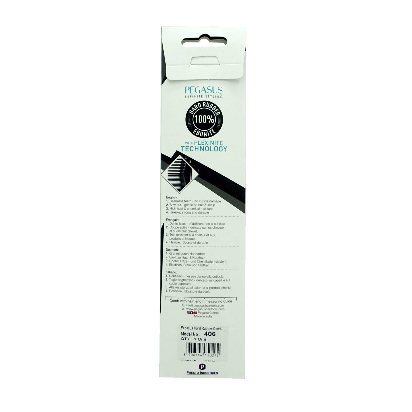 Pegasus 406, 7in Hard Rubber Wide Tooth Styling Comb, Handmade, Seamless, Smooth Edges, Anti Static, Heat and Chemically Resistant, Wet Hair, Everyday Grooming Comb | Peines de goma dura - Black