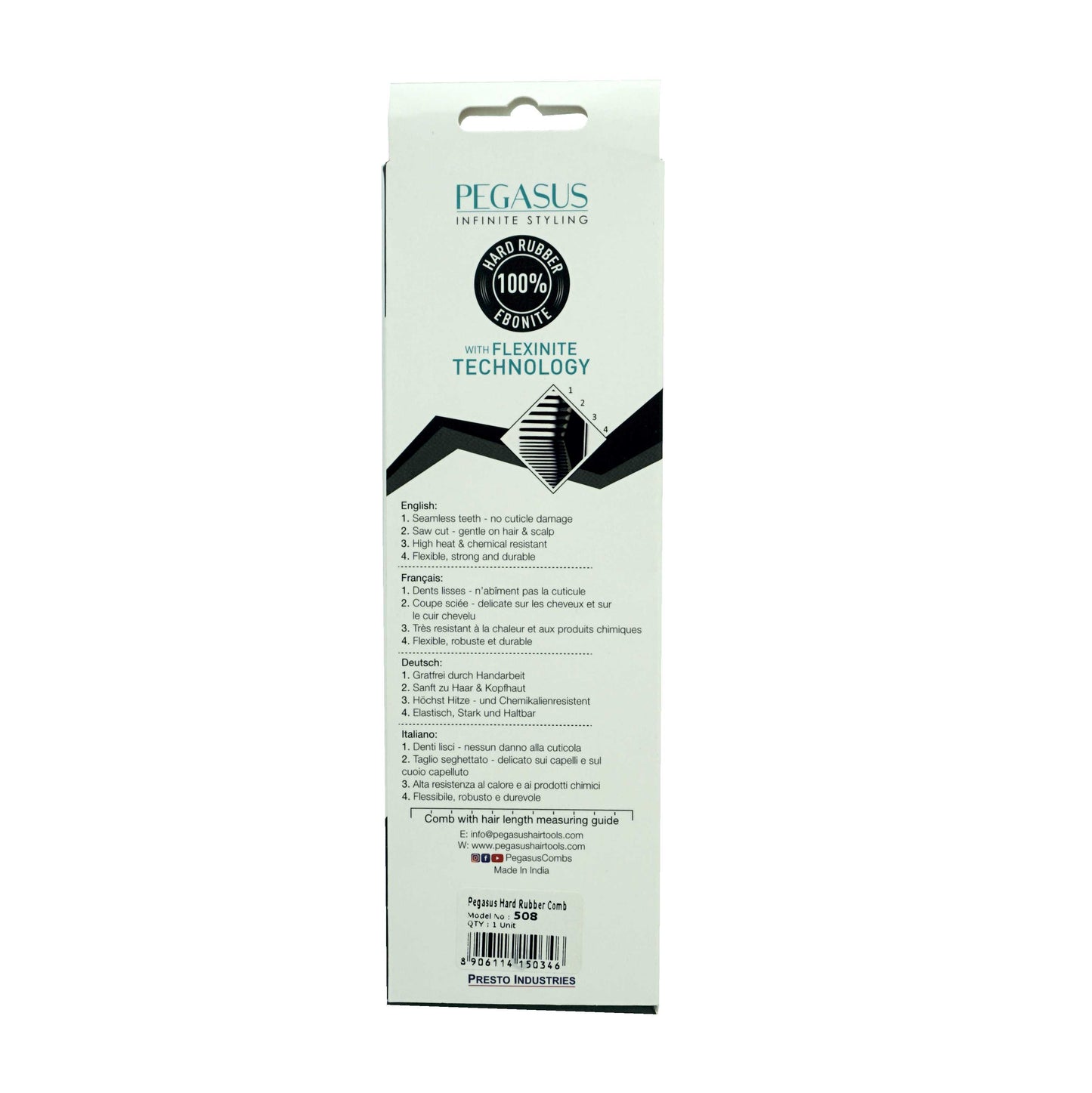 Pegasus 508, 7.5in Blow Dry Comb, Handmade, Seamless, Smooth Edges, Anti Static, Heat and Chemically Resistant, Wet Hair, Everyday Grooming Comb | Peines de goma dura - Black