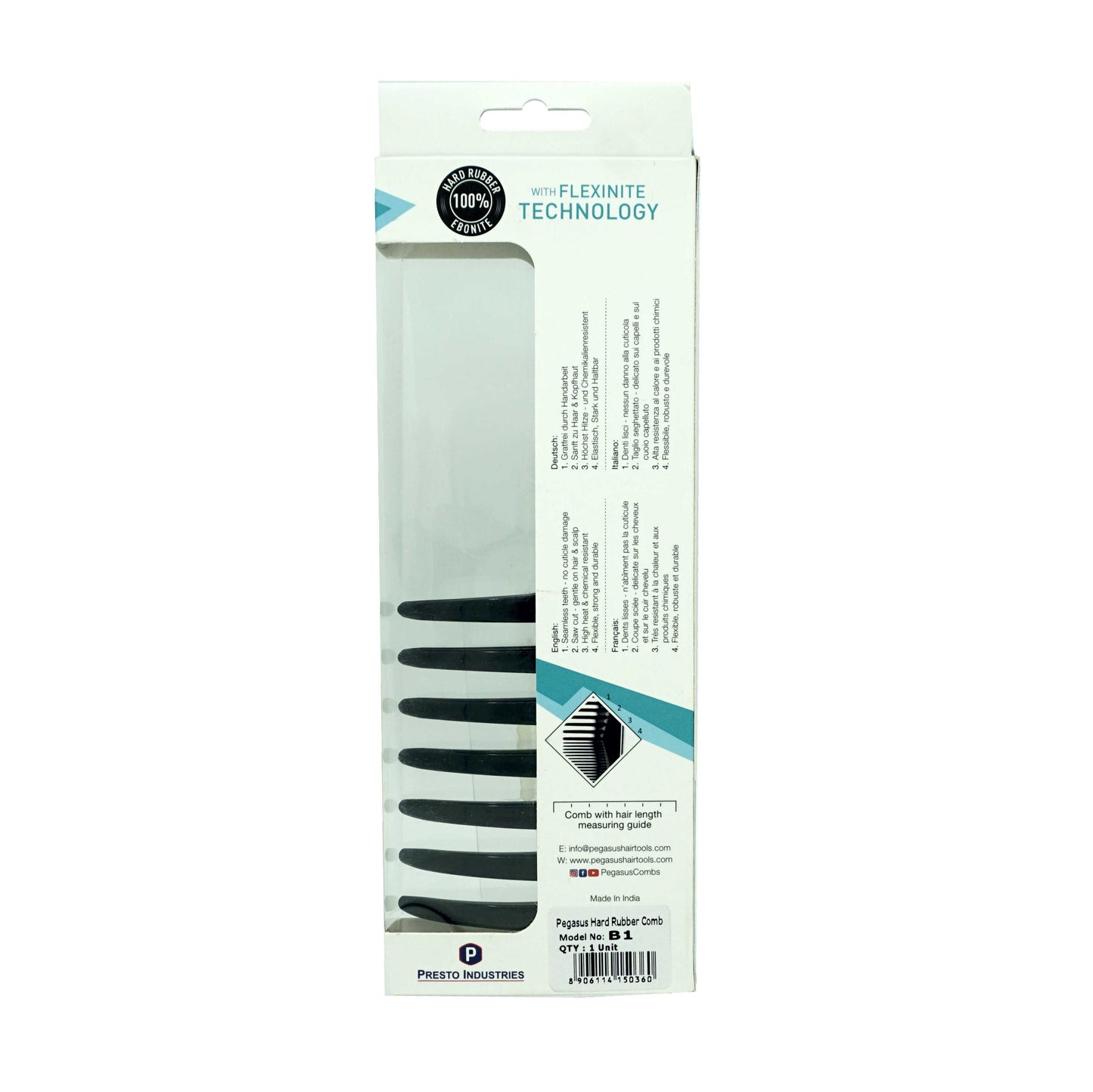 Pegasus 511_B1, 9in Curved Blow Dry Styler Comb, Handmade, Seamless, Smooth Edges, Anti Static, Heat and Chemically Resistant, Wet Hair, Everyday Grooming Comb | Peines de goma dura - Black