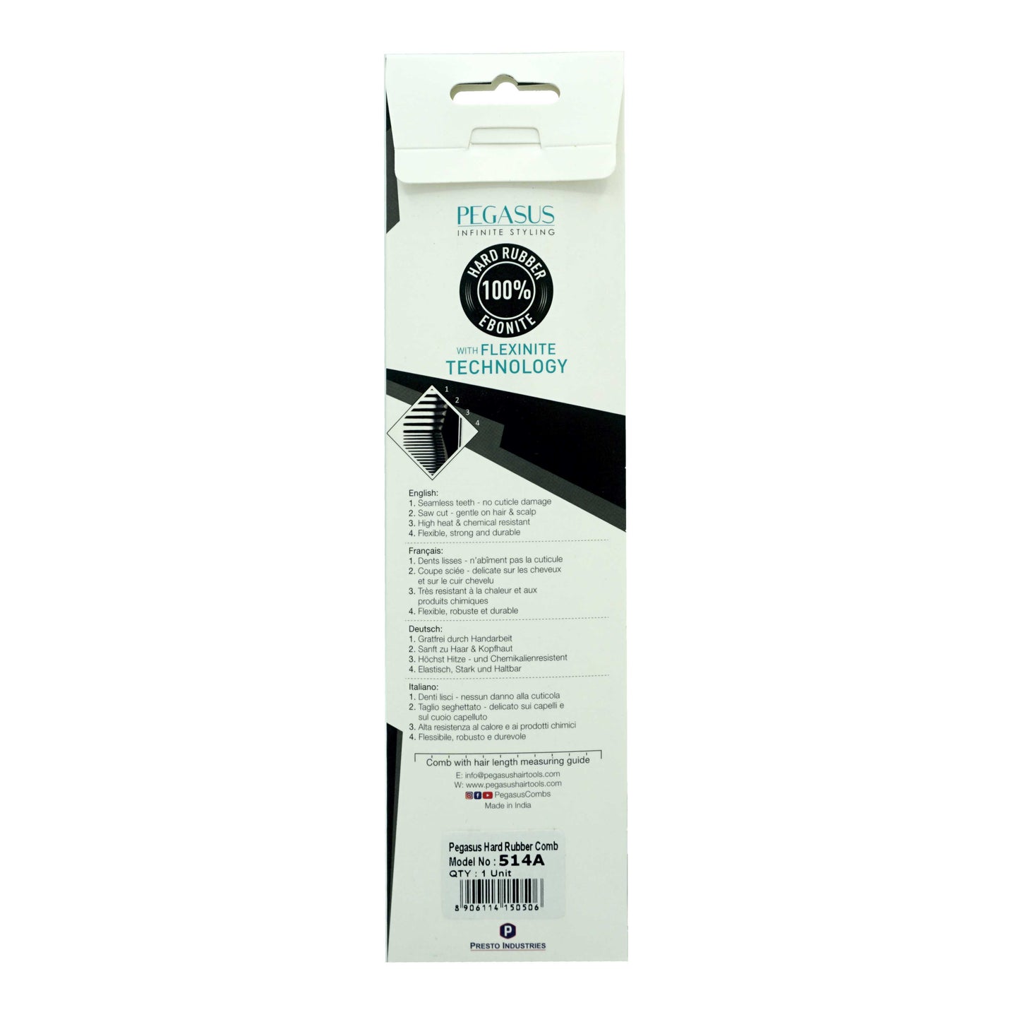 Pegasus 514A, 8.75in Hard Rubber Fine Tooth Flattop Butch Comb, Handmade, Seamless, Smooth Edges, Anti Static, Heat and Chemically Resistant Comb | Peines de goma dura - Black