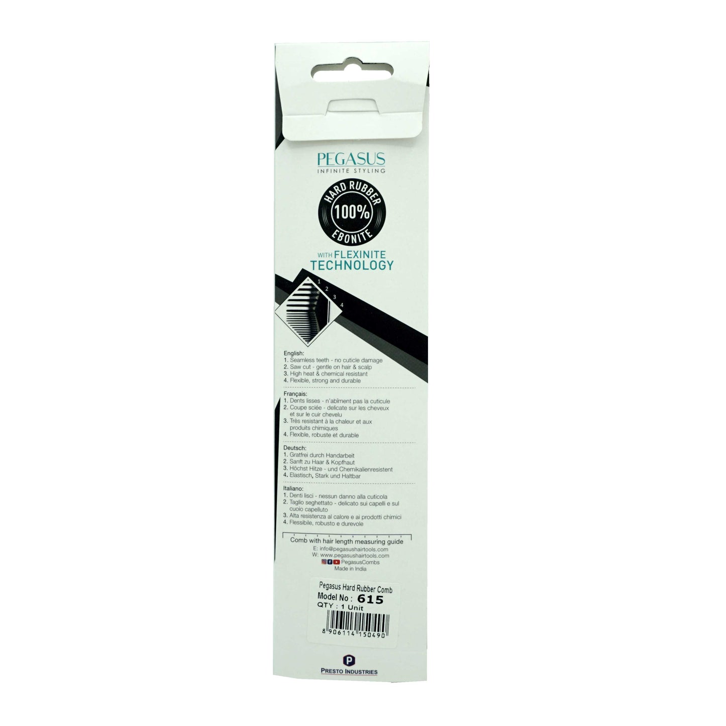 Pegasus 615, 7in Hard Rubber Clipper Comb, Handmade, Seamless, Smooth Edges, Anti Static, Heat and Chemically Resistant, Portable Pocket Purse Dresser Comb | Peines de goma dura - Black