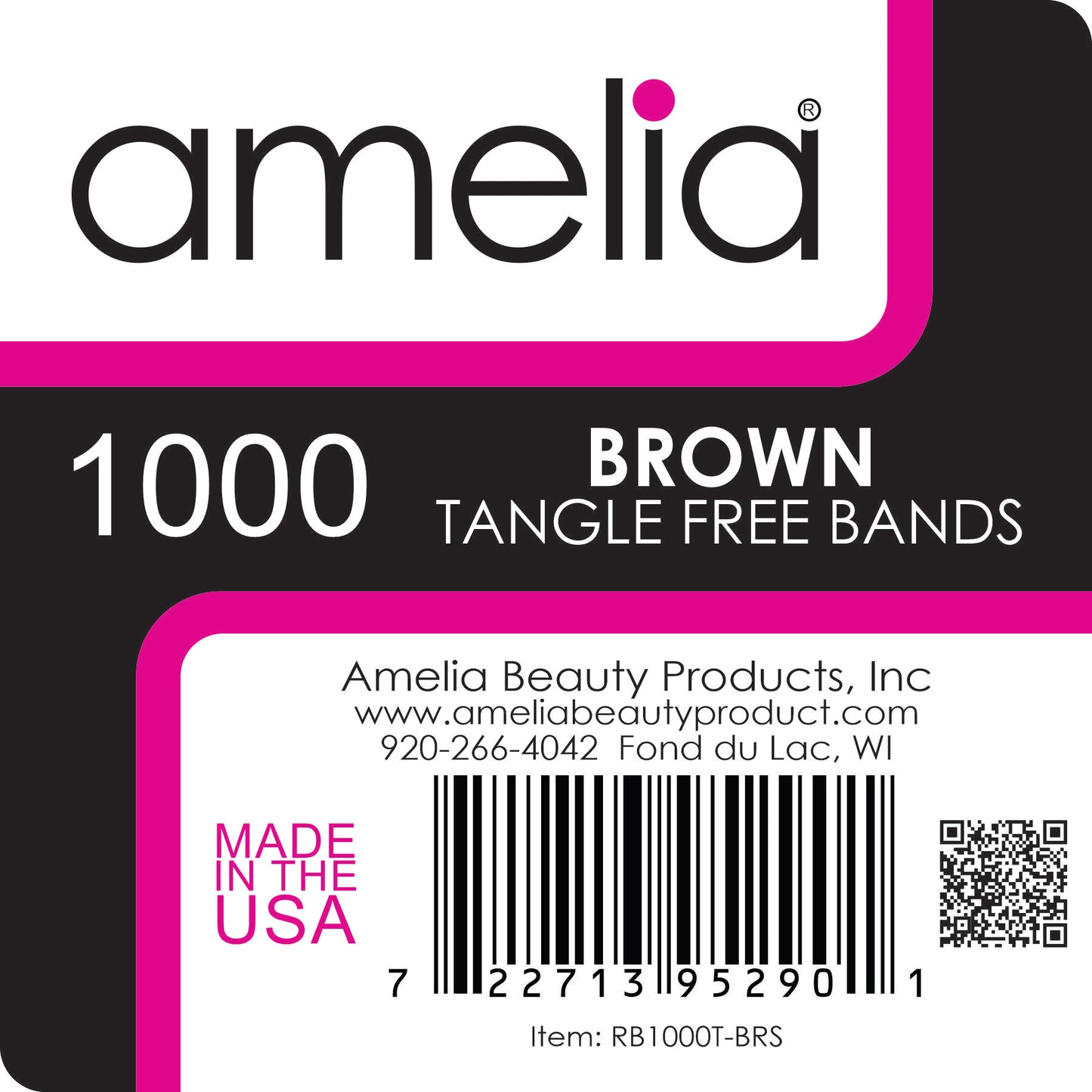 Amelia Beauty | 1/2in, Brown, Tangle Free Elastic Pony Tail Holders | Made in USA, Ideal for Ponytails, Braids, Twists. For Women, Girls. Pain Free, Snag Free, Easy Off | 1000 Pack