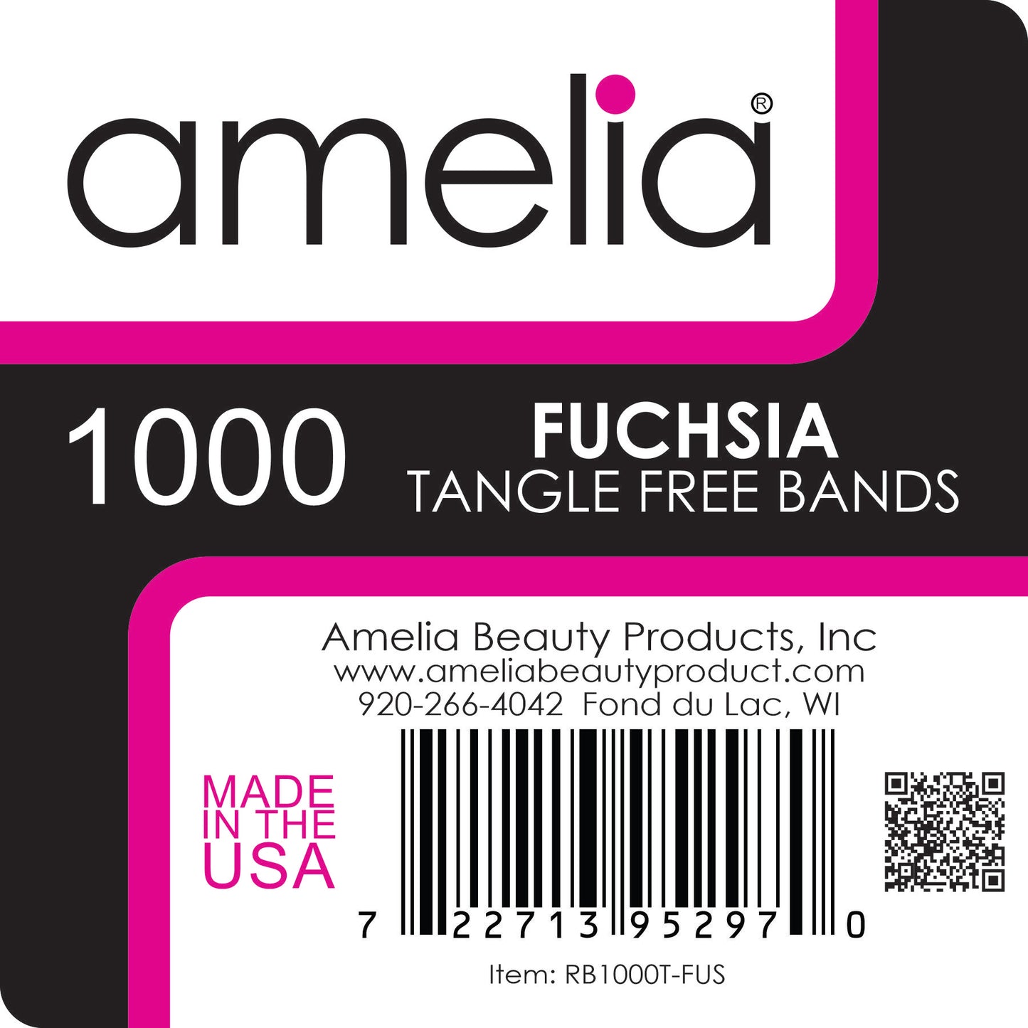 Amelia Beauty | 1/2in, Fuchsia, Tangle Free Elastic Pony Tail Holders | Made in USA, Ideal for Ponytails, Braids, Twists. For Women, Girls. Pain Free, Snag Free, Easy Off | 1000 Pack