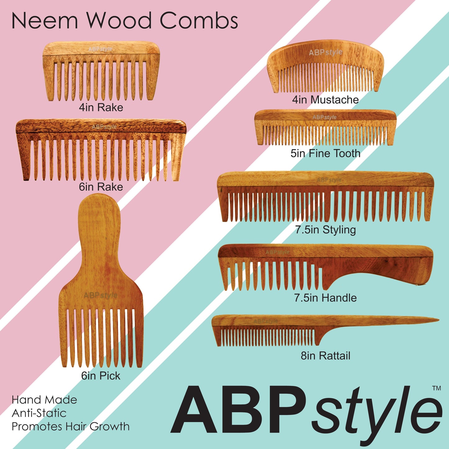 ABPStyle, 7in Neem Wood Handle Comb. Anti-Static, Damage Free, Promotes Hair Growth, Environmentally Friendly