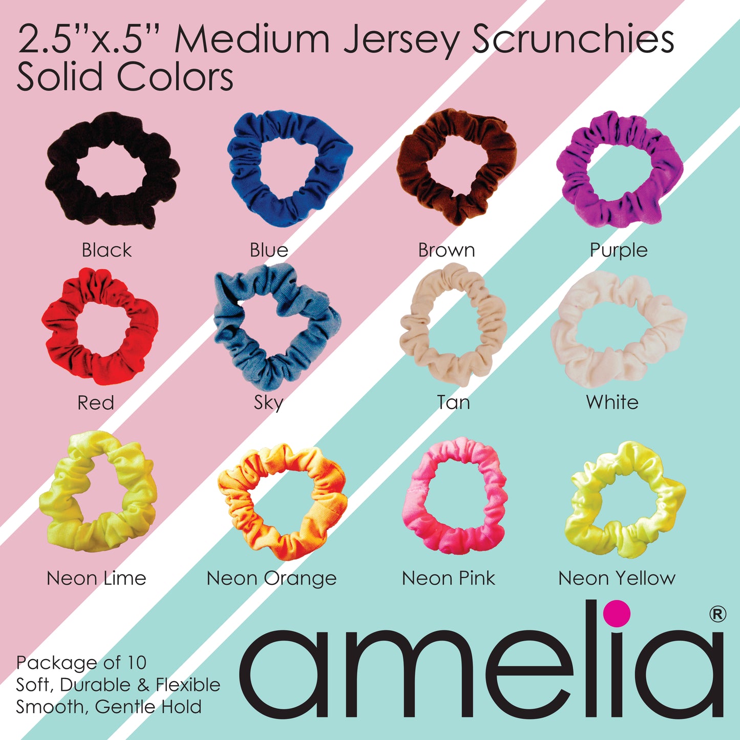 Amelia Beauty, Medium Earth Tones Jersey Scrunchies, 2.5in Diameter, Gentle on Hair, Strong Hold, No Snag, No Dents or Creases. 10 Pack