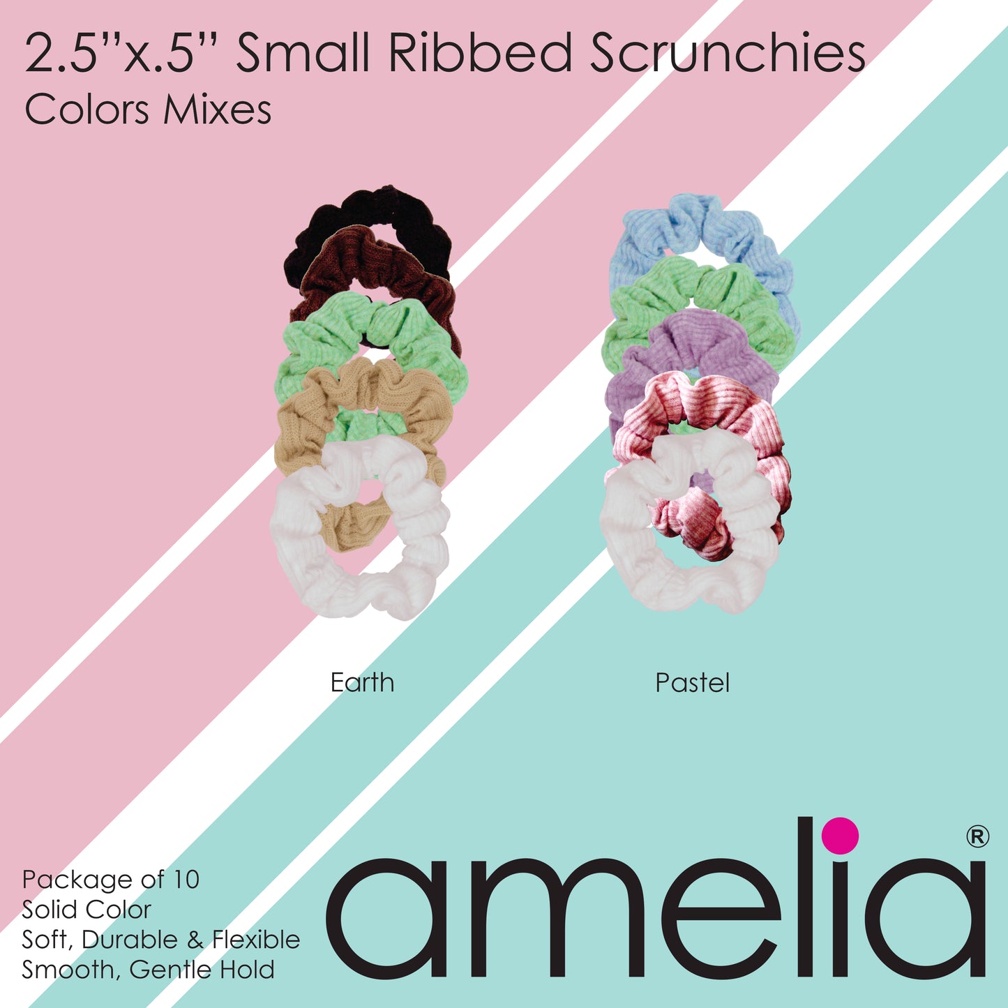 Amelia Beauty, Medium Pastel Mix Ribbed Scrunchies, 2.5in Diameter, Gentle on Hair, Strong Hold, No Snag, No Dents or Creases. 10 Pack