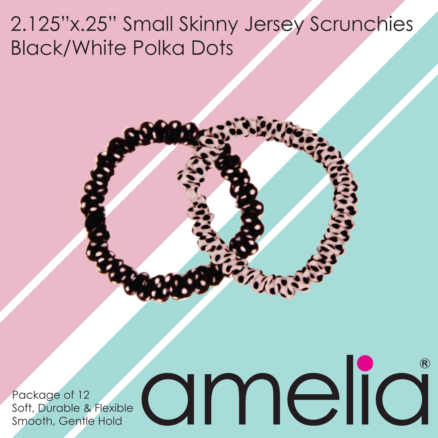 Amelia Beauty, Black and White Dot Mix Skinny Jersey Scrunchies, 2.125in Diameter, Gentle on Hair, Strong Hold, No Snag, No Dents or Creases. 12 Pack