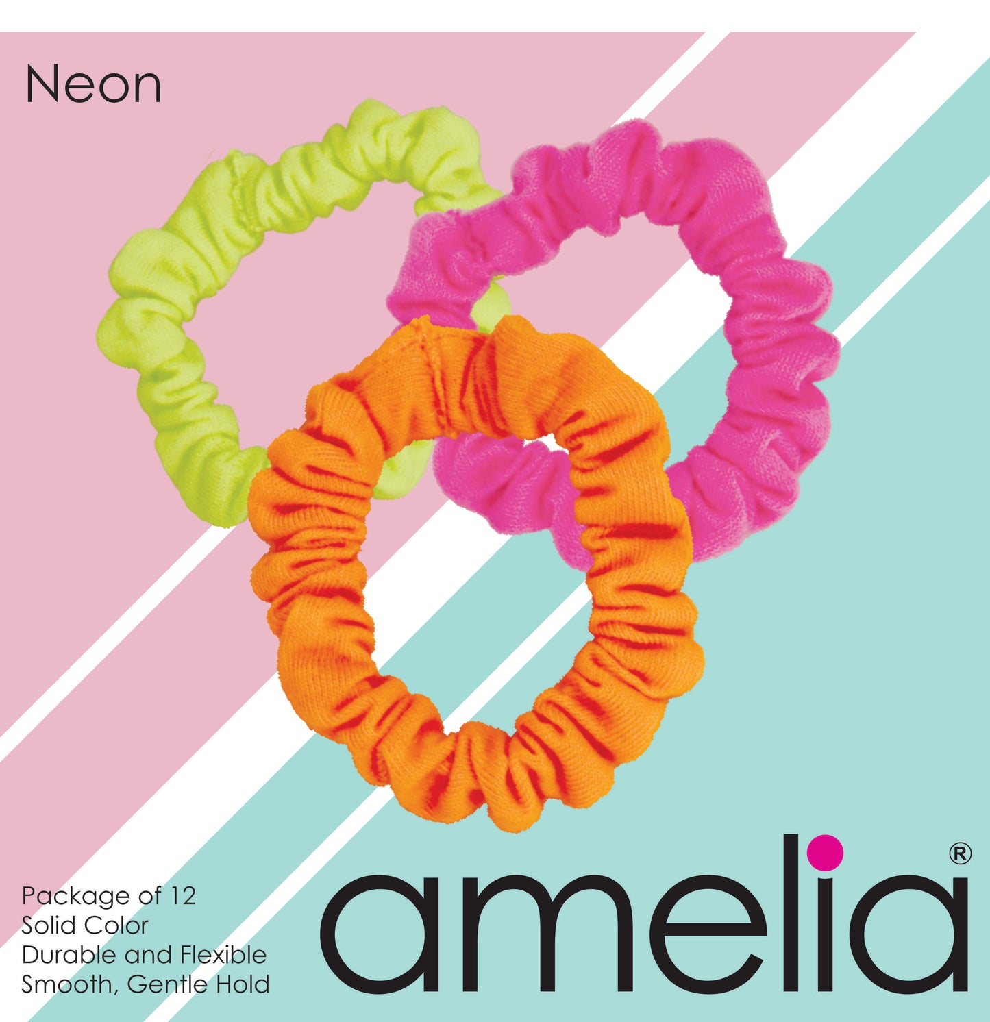 Amelia Beauty, Neon Mix Skinny Jersey Scrunchies, 2.125in Diameter, Gentle on Hair, Strong Hold, No Snag, No Dents or Creases. 12 Pack