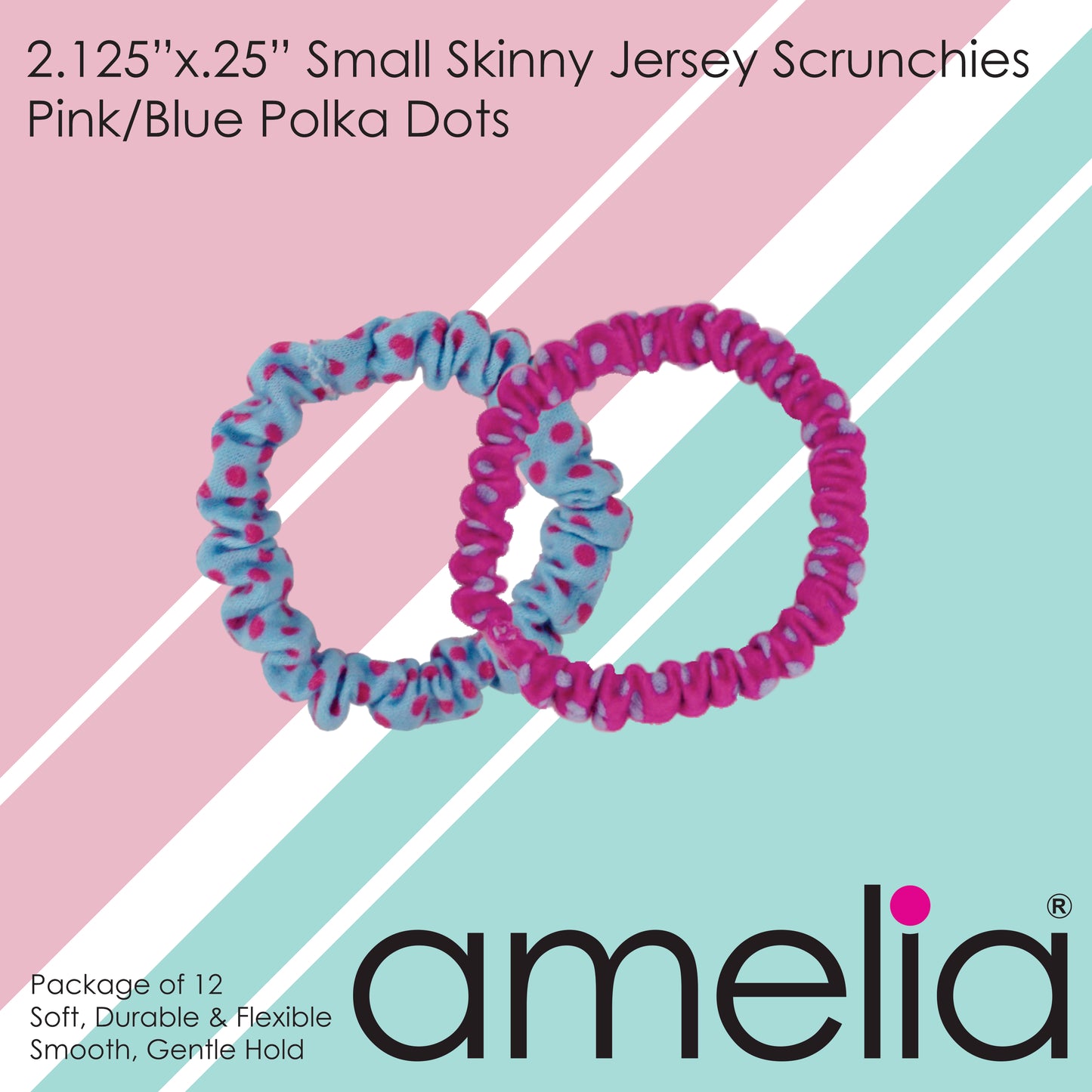 Amelia Beauty, Pink and Blue Polka Dot Mix Skinny Jersey Scrunchies, 2.125in Diameter, Gentle on Hair, Strong Hold, No Snag, No Dents or Creases. 12 Pack