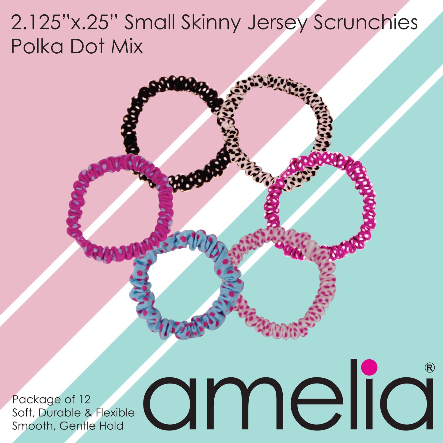 Amelia Beauty, Polka Dot Mix Skinny Jersey Scrunchies, 2.125in Diameter, Gentle on Hair, Strong Hold, No Snag, No Dents or Creases. 12 Pack