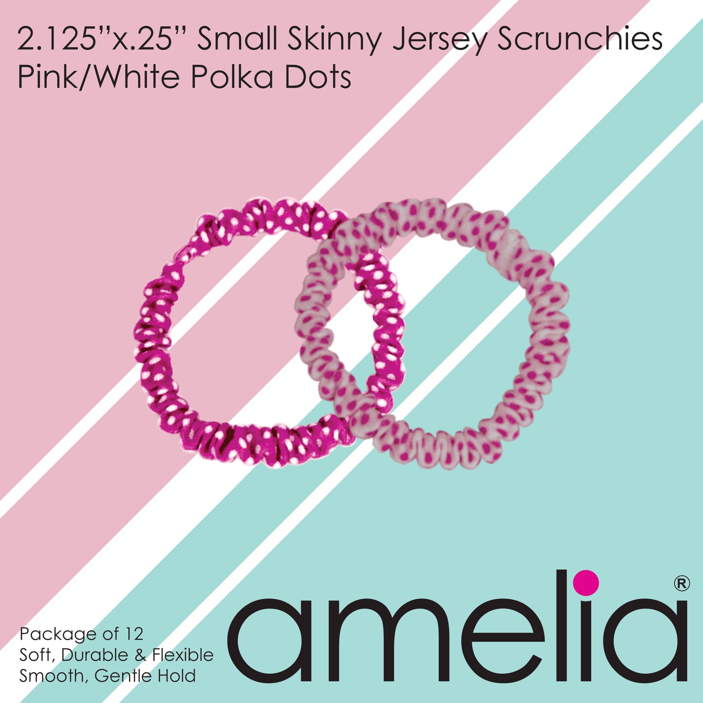 Amelia Beauty, Pink and White Dot Mix Skinny Jersey Scrunchies, 2.125in Diameter, Gentle on Hair, Strong Hold, No Snag, No Dents or Creases. 12 Pack
