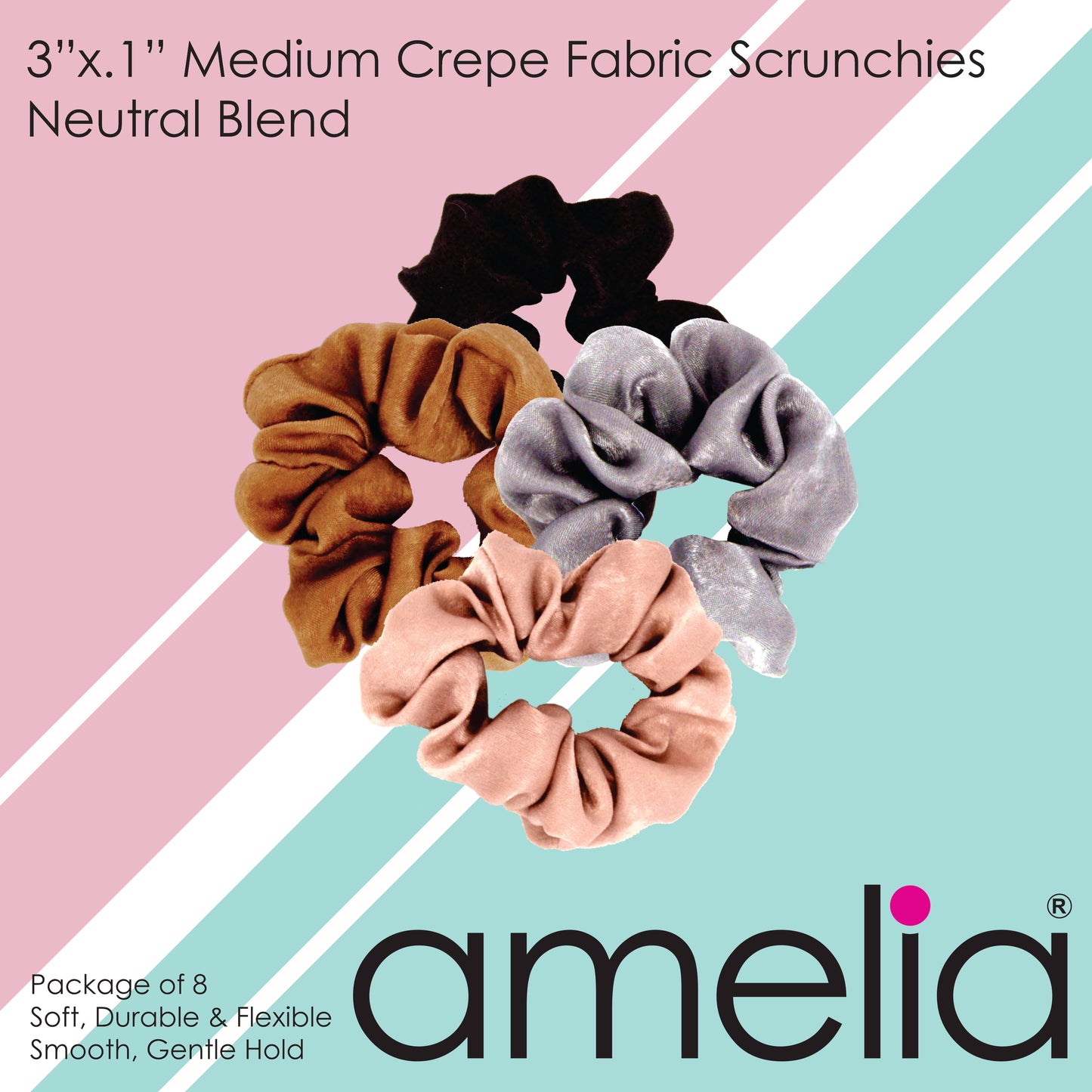 Amelia Beauty | 3in Neutral Colors Crepe Scrunchies | Soft, Gentle and Strong Hold | No Snag, No Dents or Creases | 8 Pack