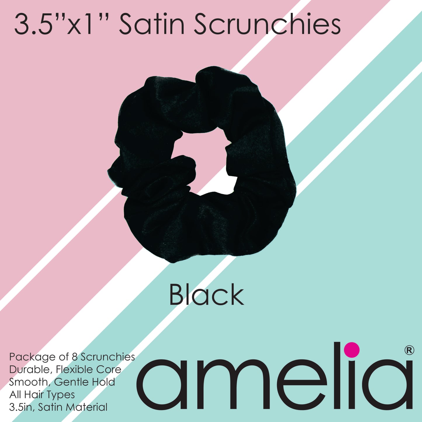 Amelia Beauty Products, Black Satin Scrunchies, 3.5in Diameter, Gentle on Hair, Strong Hold, No Snag, No Dents or Creases. 8 Pack