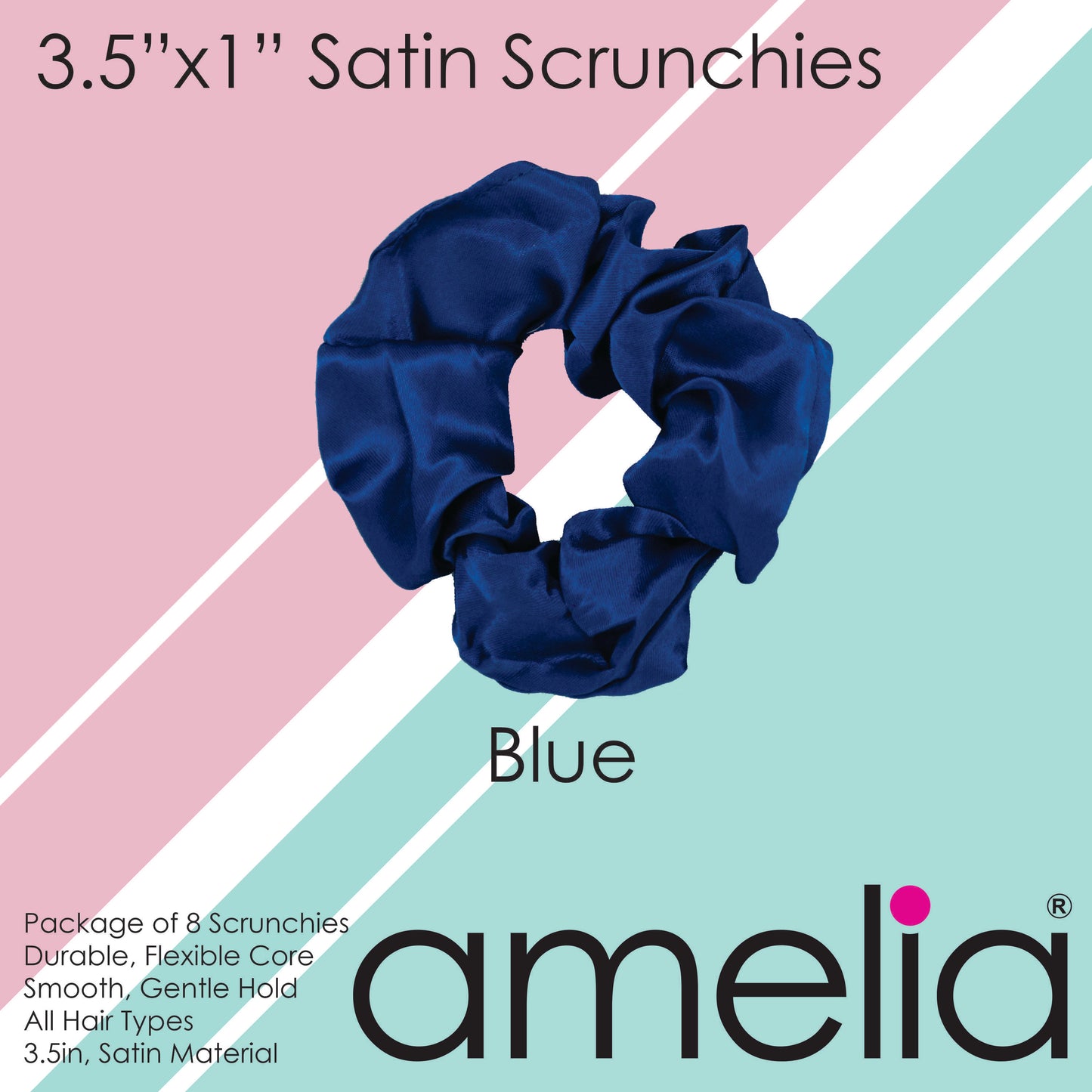 Amelia Beauty Products, Blue Satin Scrunchies, 3.5in Diameter, Gentle on Hair, Strong Hold, No Snag, No Dents or Creases. 8 Pack