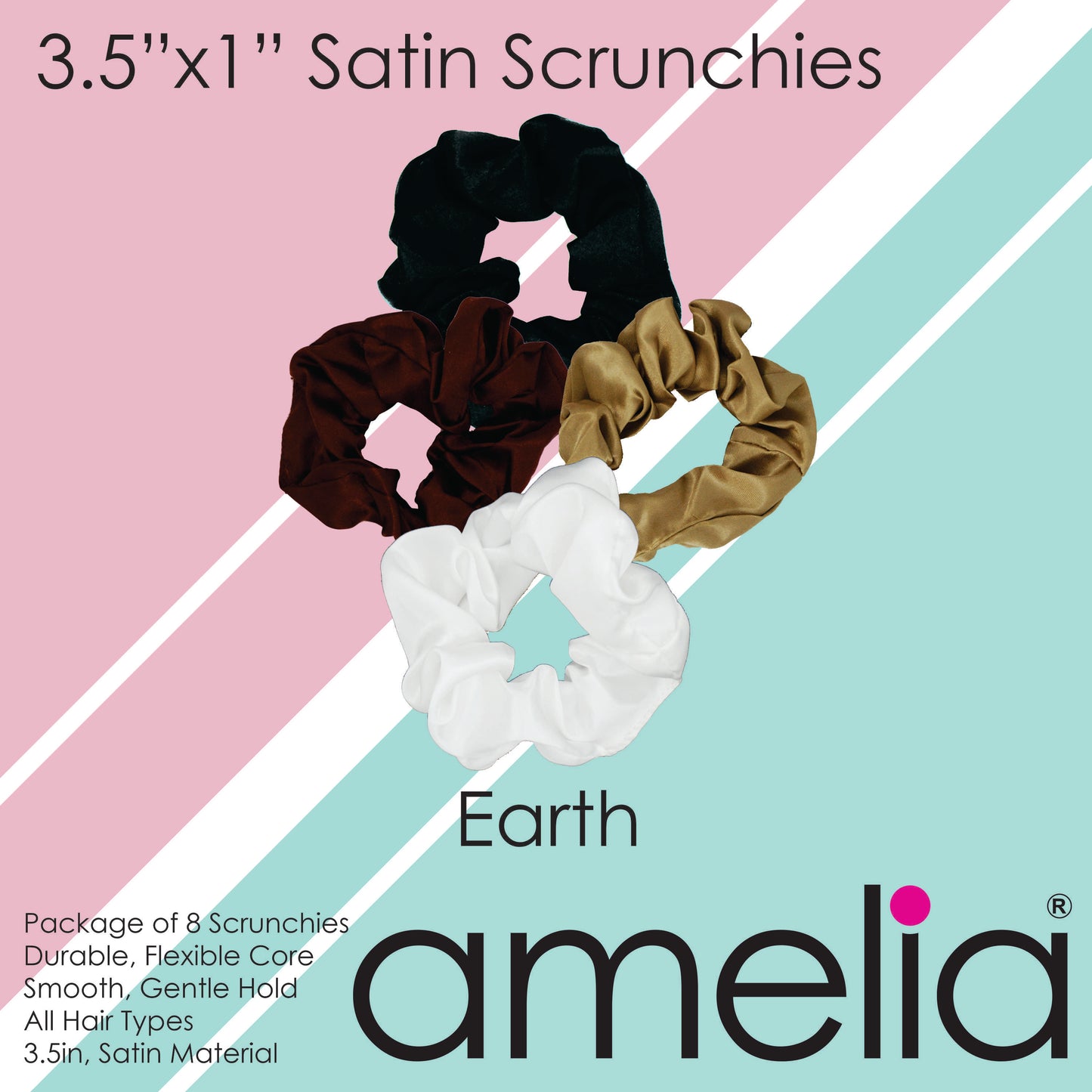 Amelia Beauty Products,  Earth Blend Satin Scrunchies, 3.5in Diameter, Gentle on Hair, Strong Hold, No Snag, No Dents or Creases. 8 Pack